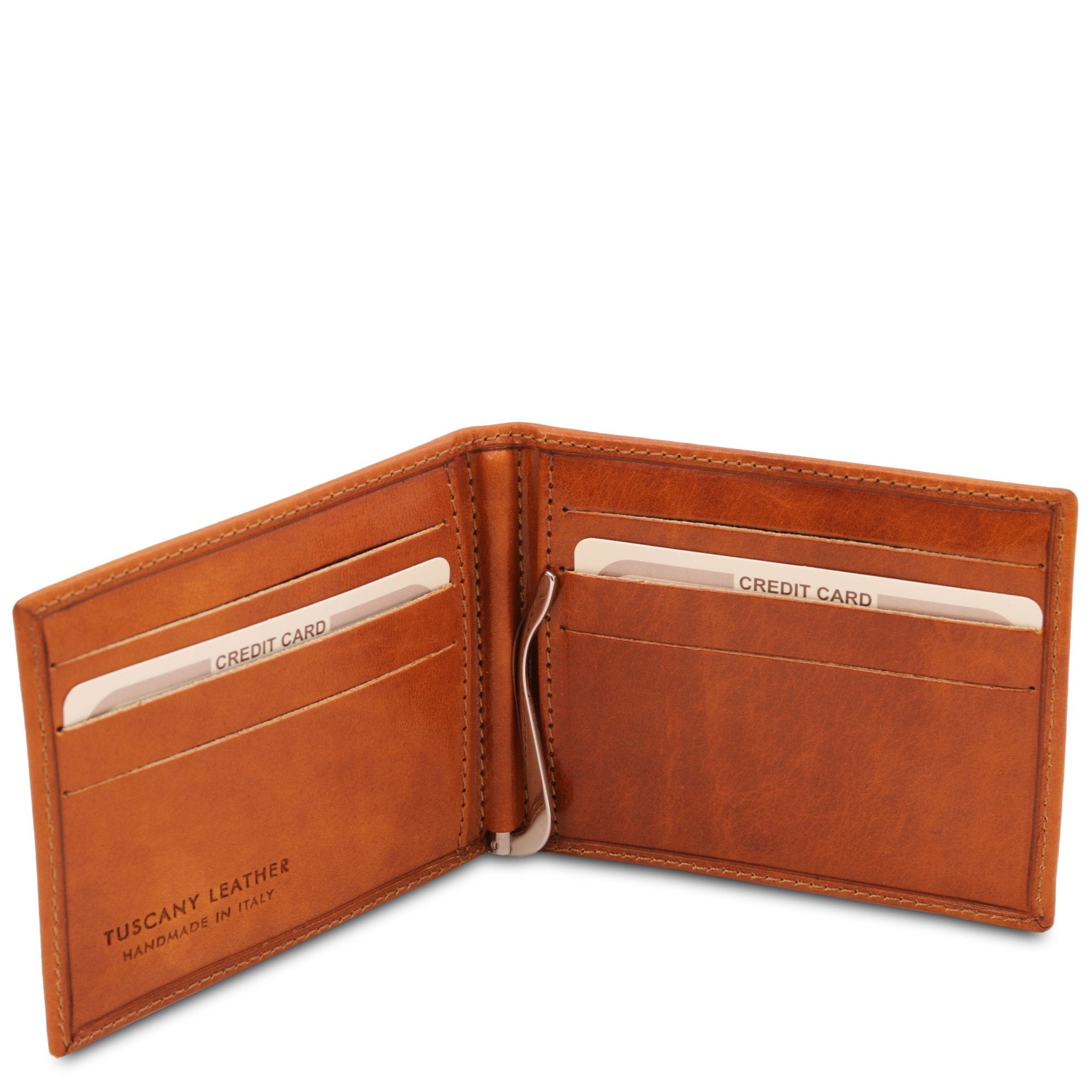 Interior view of the Exclusive Leather Card Holder With Money Clip in Honey on a white background - L'Atelier Global