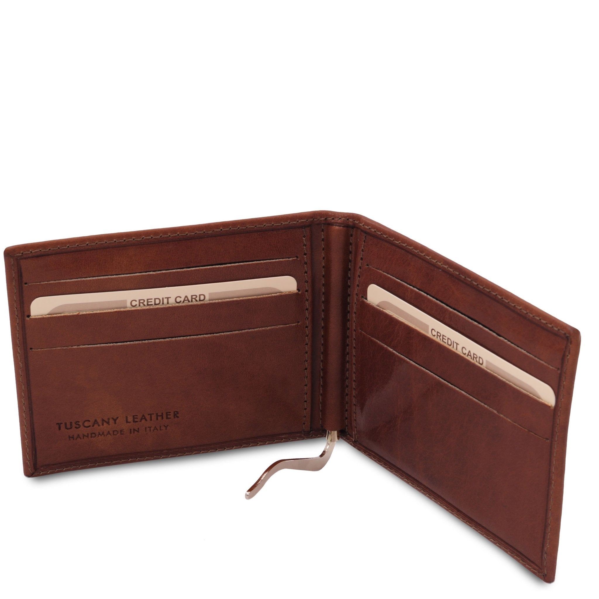 Interior view of the Exclusive Leather Card Holder With Money Clip in Brown on a white background - L'Atelier Global