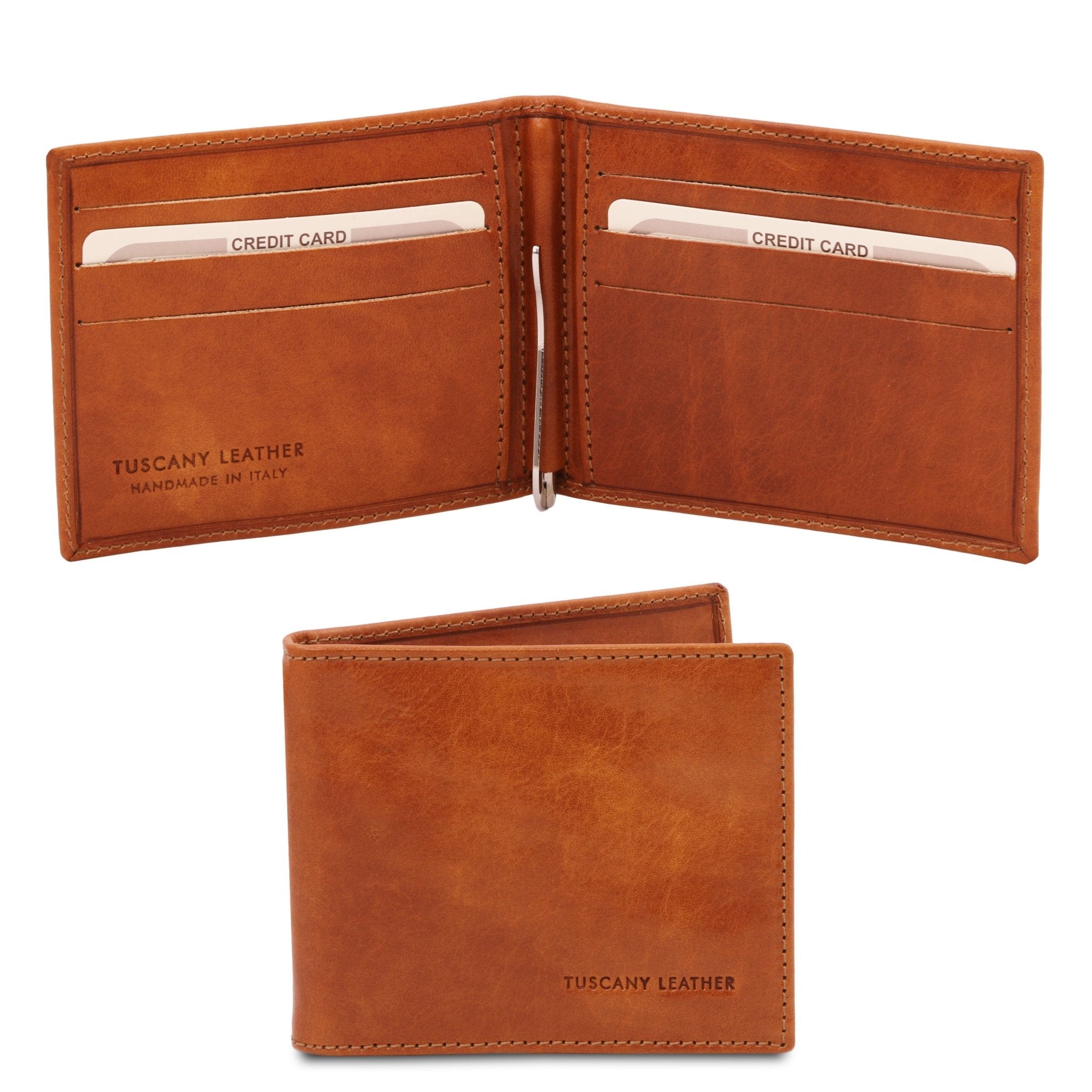 Interior and front view of the Exclusive Leather Card Holder With Money Clip in Honey on white background - L'Atelier Global