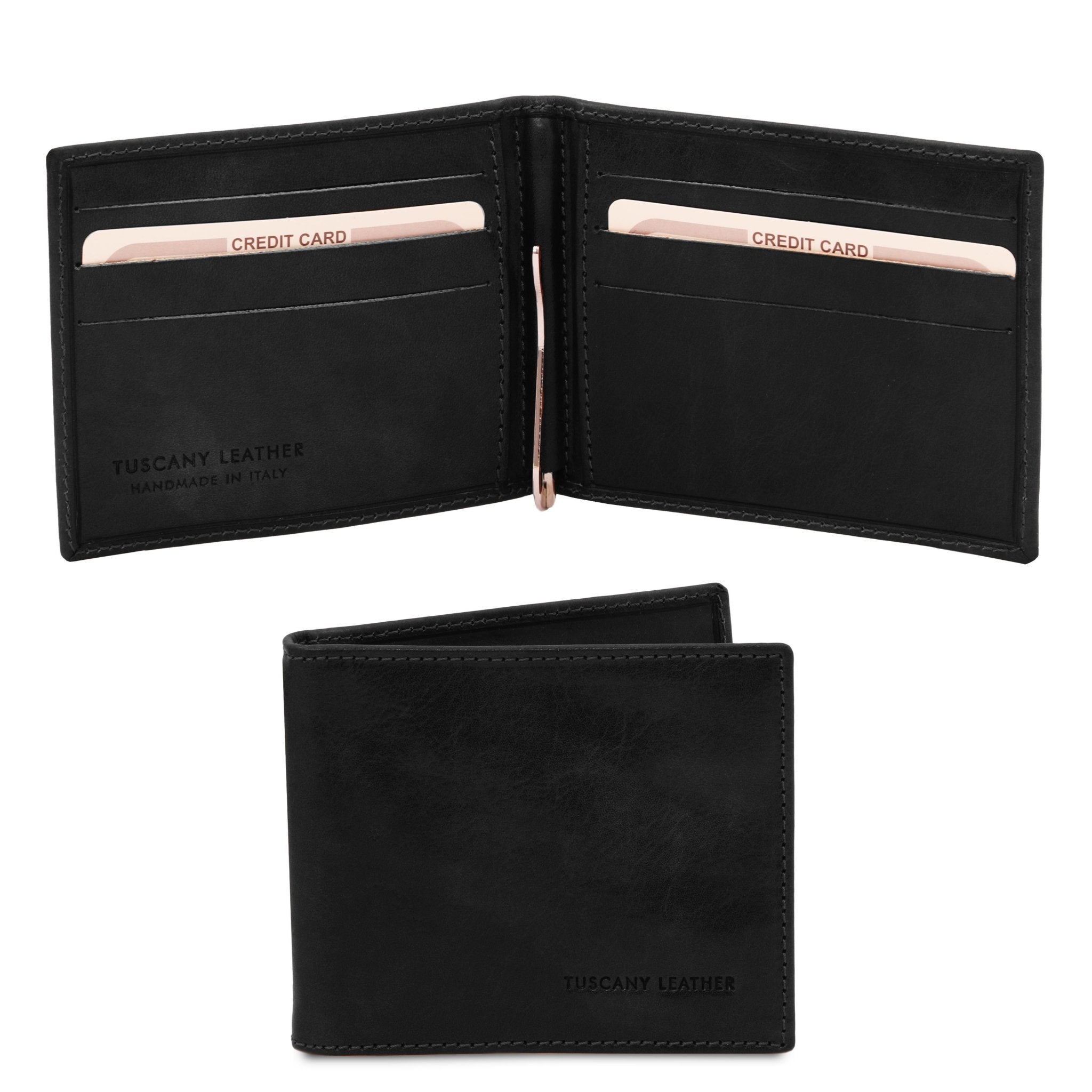 Interior and front view of the Exclusive Leather Card Holder With Money Clip in Black on white background - L'Atelier Global