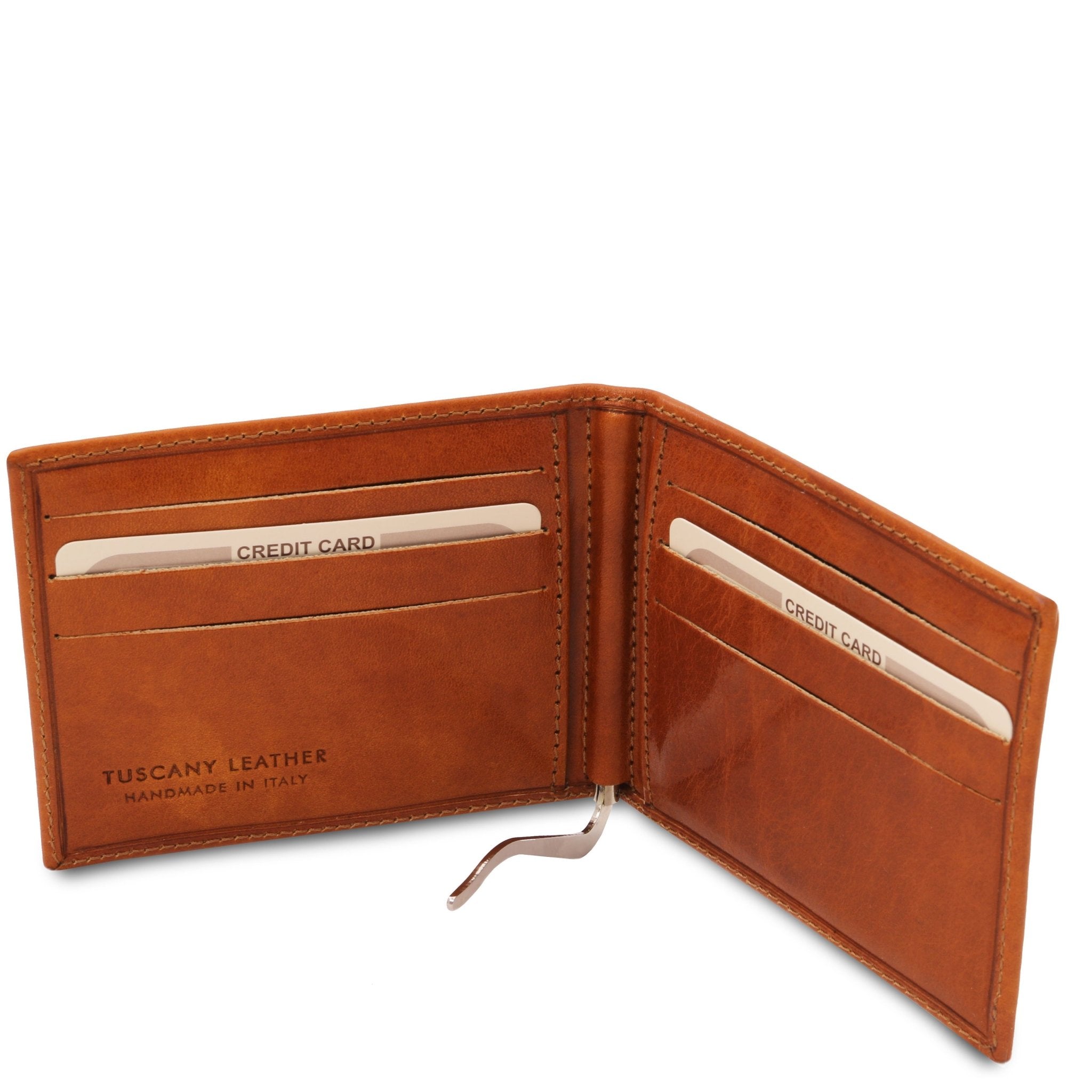 Interior view of the Exclusive Leather Card Holder With Money Clip in Honey on a white background - L'Atelier Global