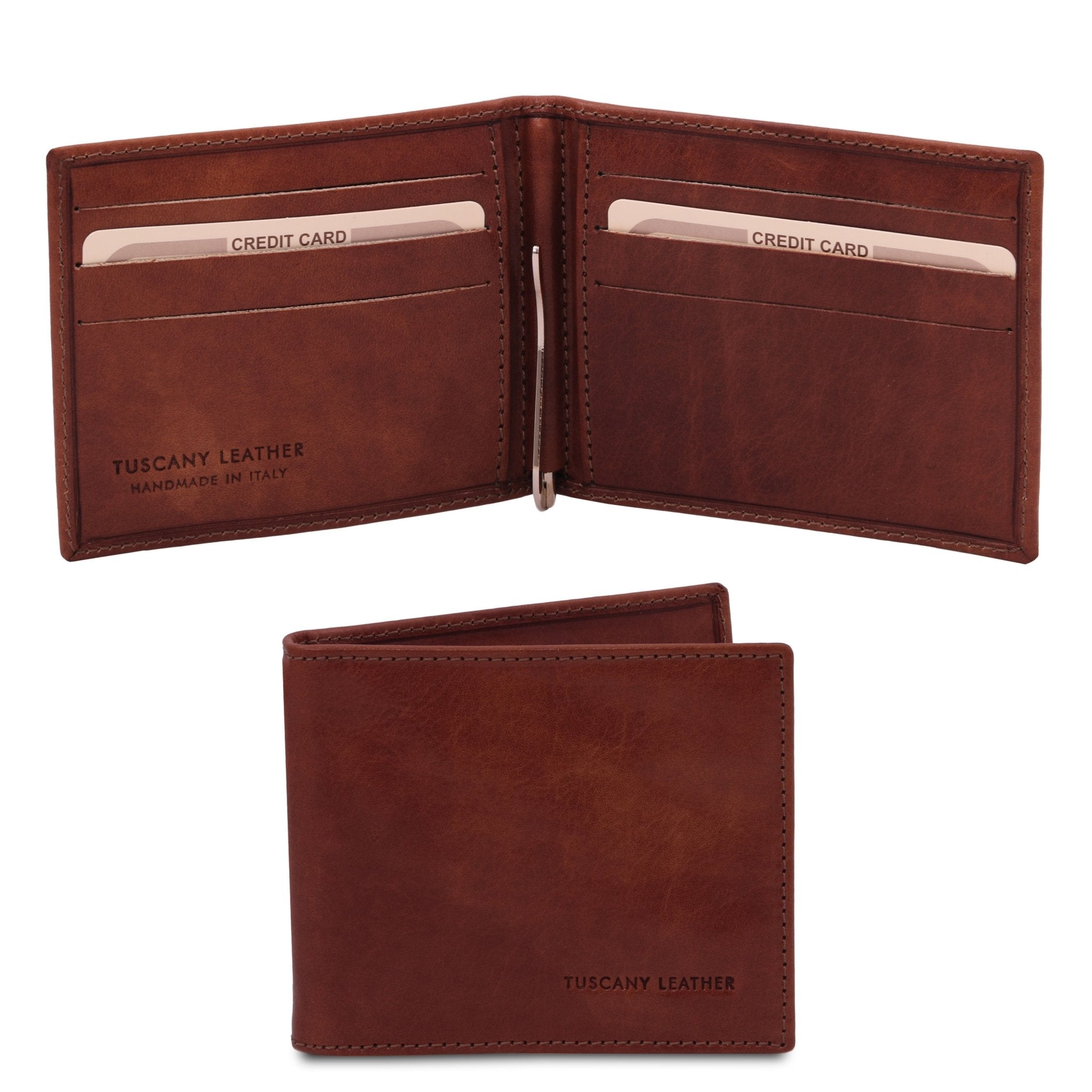 Front and interior view of the Exclusive Leather Card Holder With Money Clip in Brown on white background - L'Atelier Global