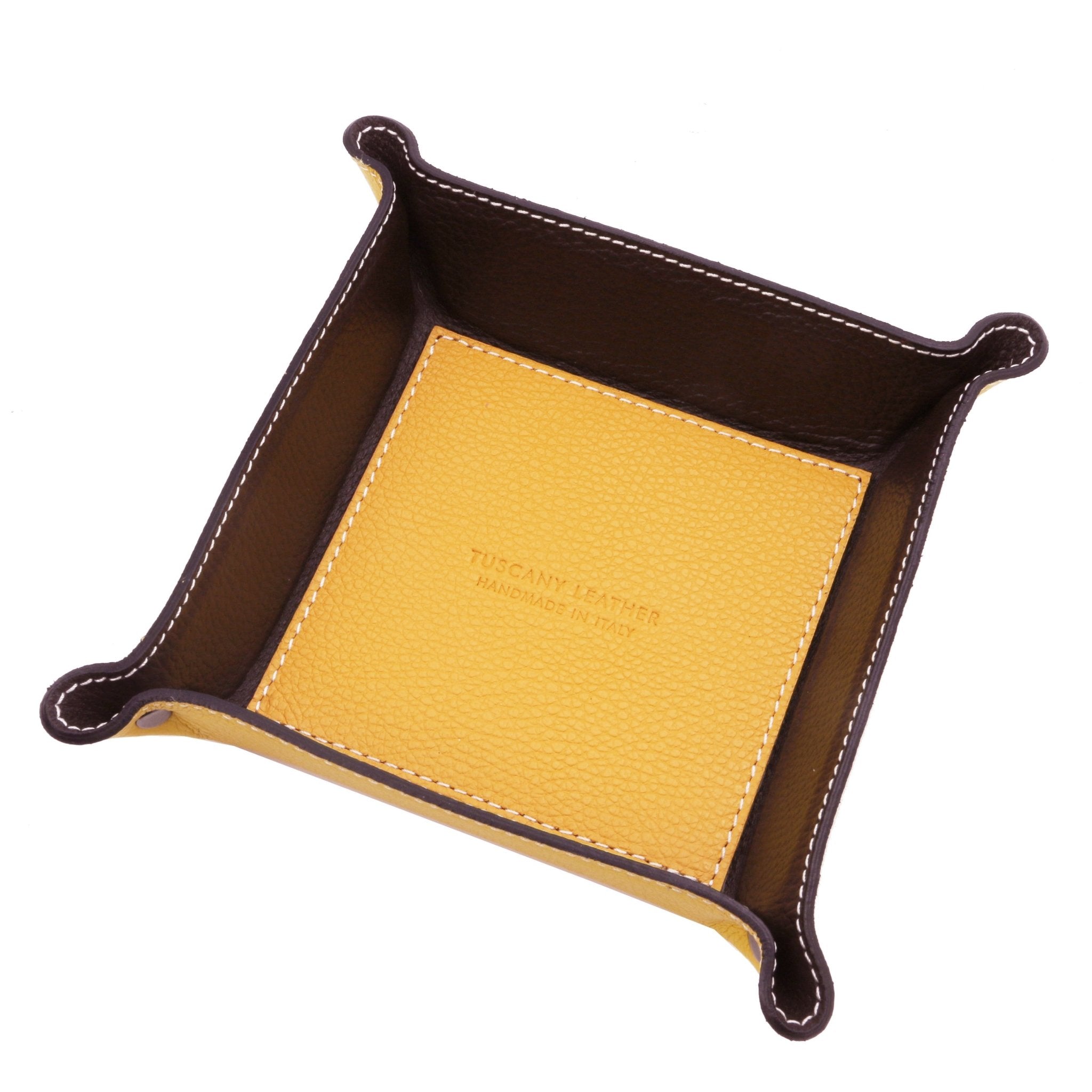 Exclusive Leather Valet Tray in yellow on white background, featuring a yellow interior bottom with the Tuscany Leather embossed logo and dark brown interior sides.