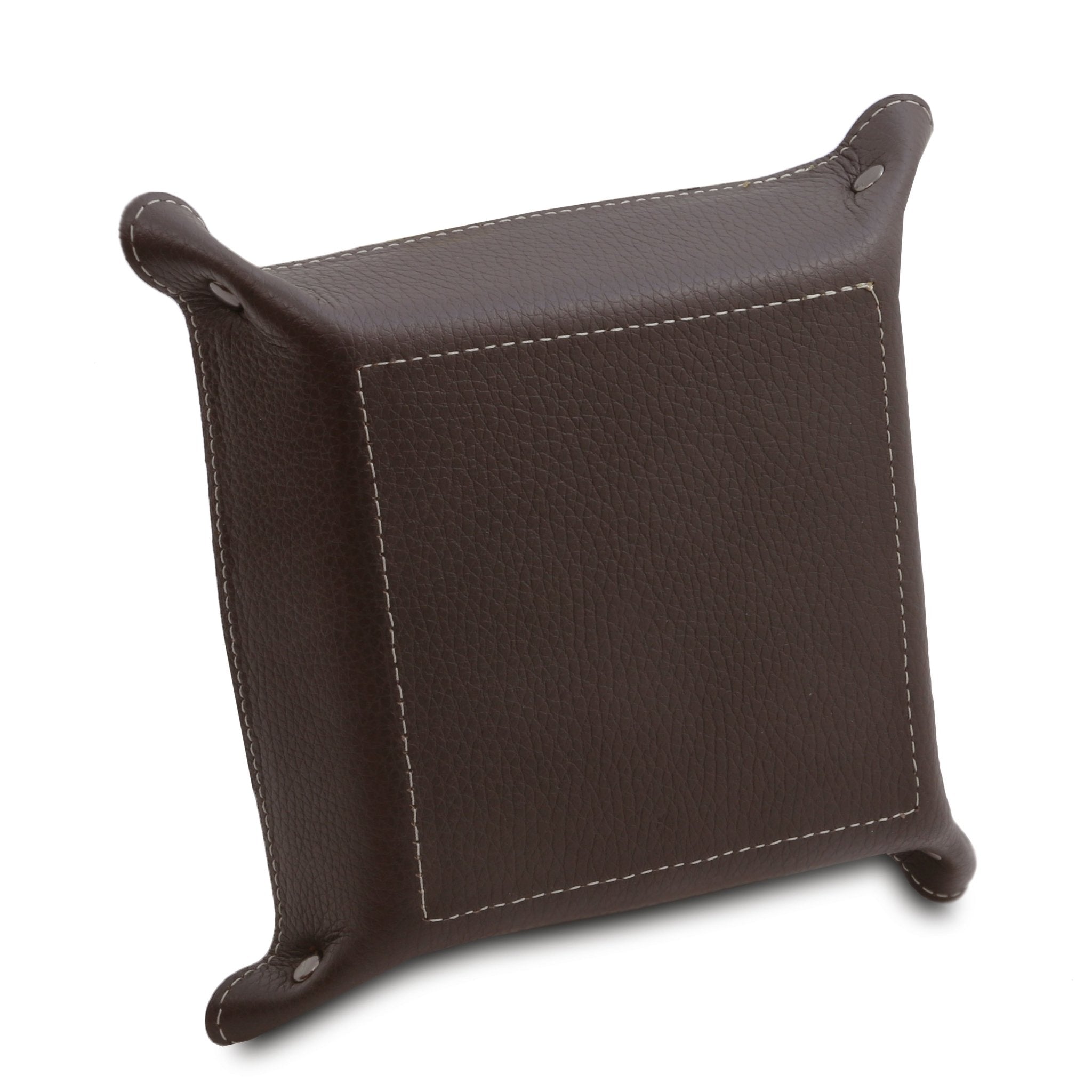Exclusive Leather Valet Tray in dark brown on a white background, featuring a dark brown bottom and exterior sides