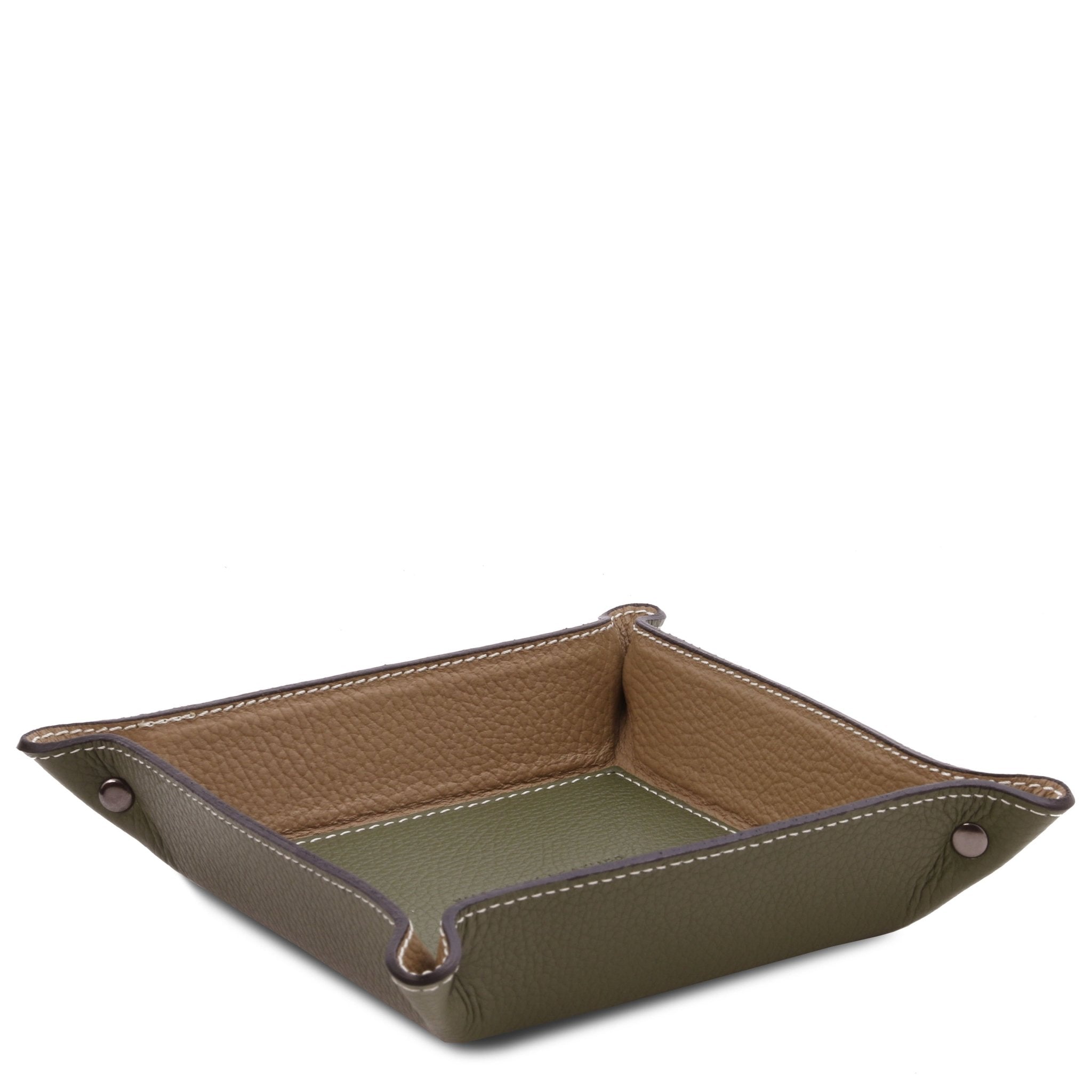 Exclusive Leather Valet Tray in olive on.a white background. An olive exterior and interior bottom with a light tan interior sides.