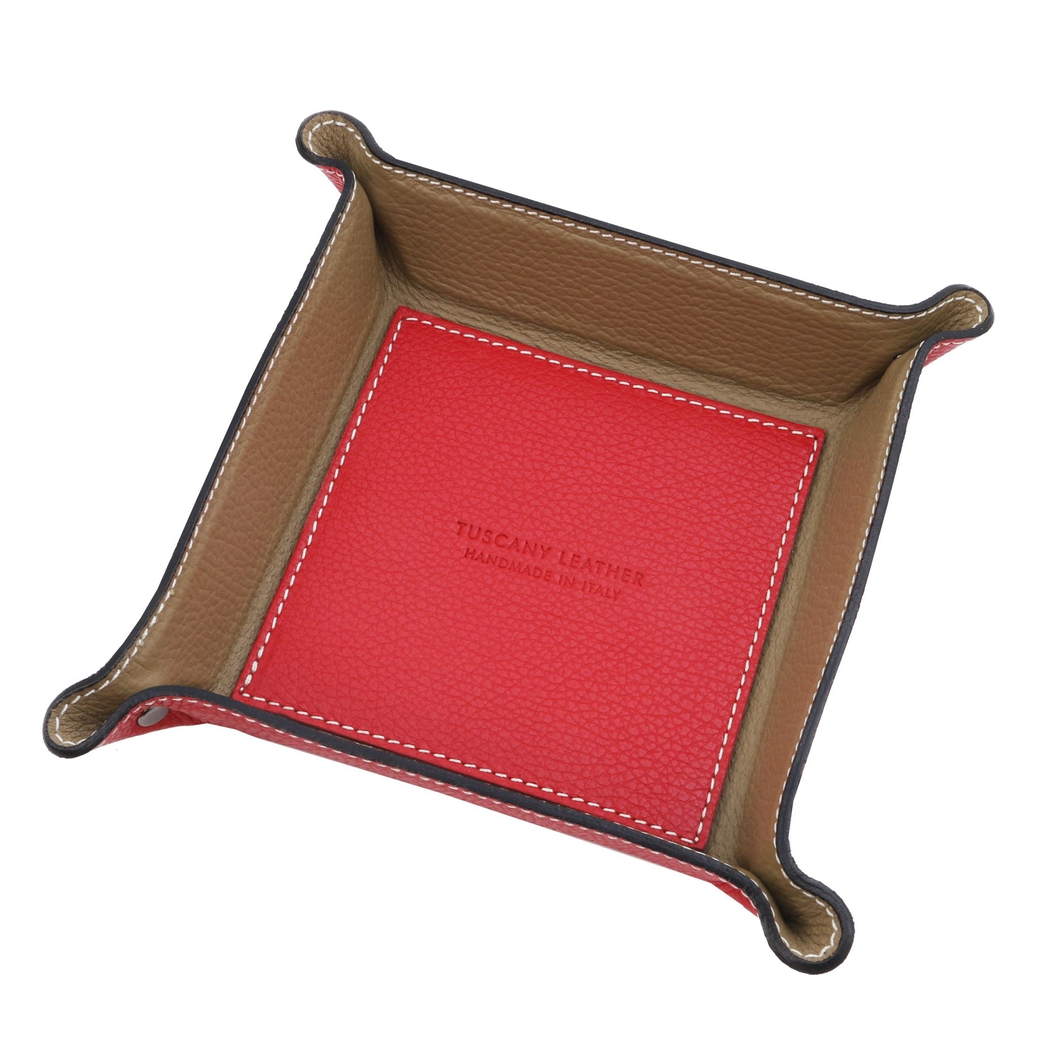 Exclusive Leather Valet Tray in light taupe on a white background, featuring a red interior bottom with the Tuscany Leather embossed logo and light brown interior sides.