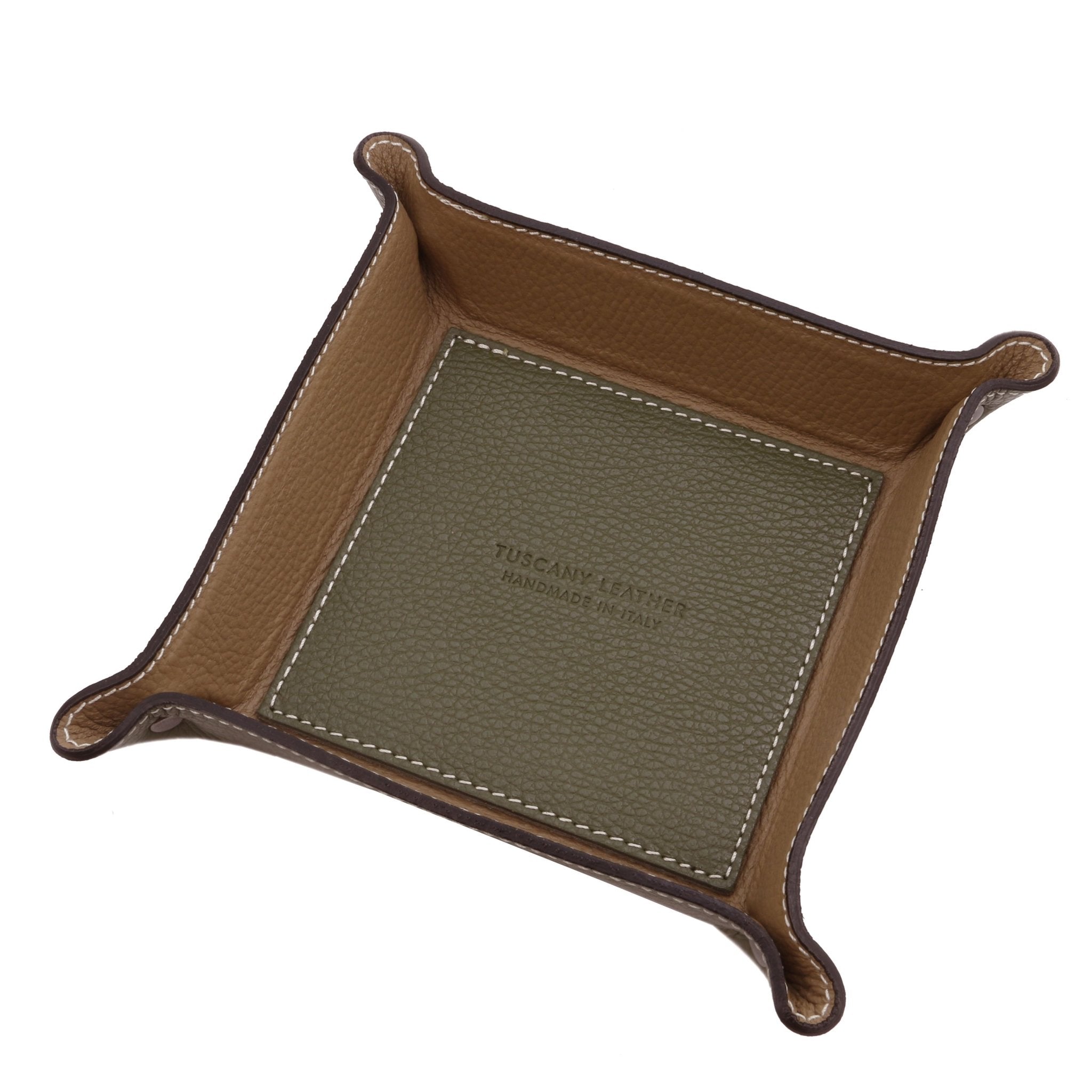 Exclusive Leather Valet Tray in olive on a white background, featuring an olive interior bottom with the Tuscany Leather embossed logo and light tan interior sides.