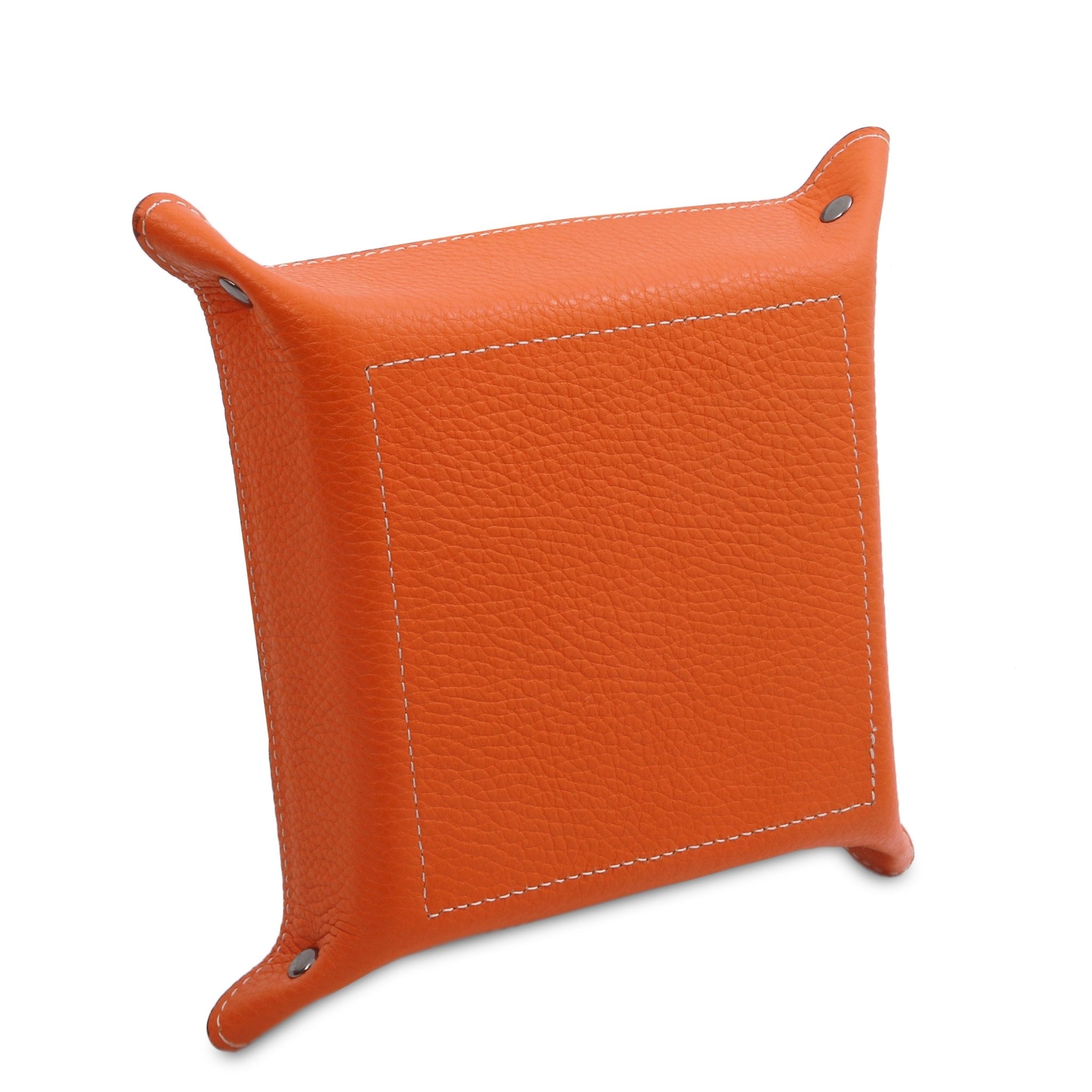 Exclusive Leather Valet Tray in orange on a white background, featuring an orange bottom and exterior sides