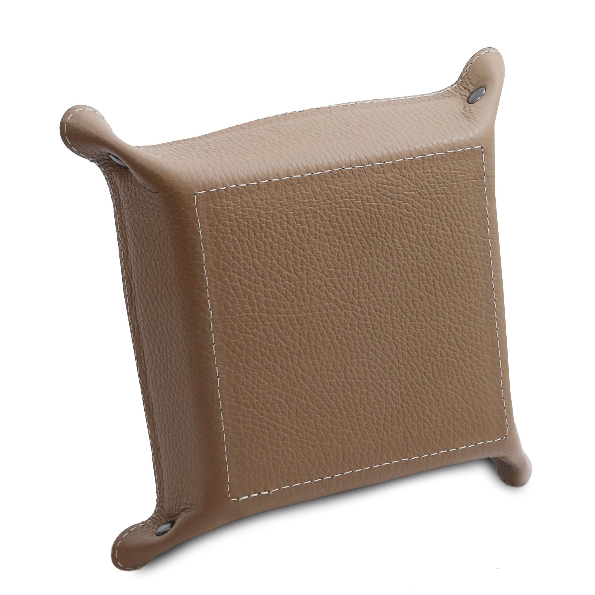 Exclusive Leather Valet Tray in light taupe on a white background, featuring a light taupe bottom and exterior sides