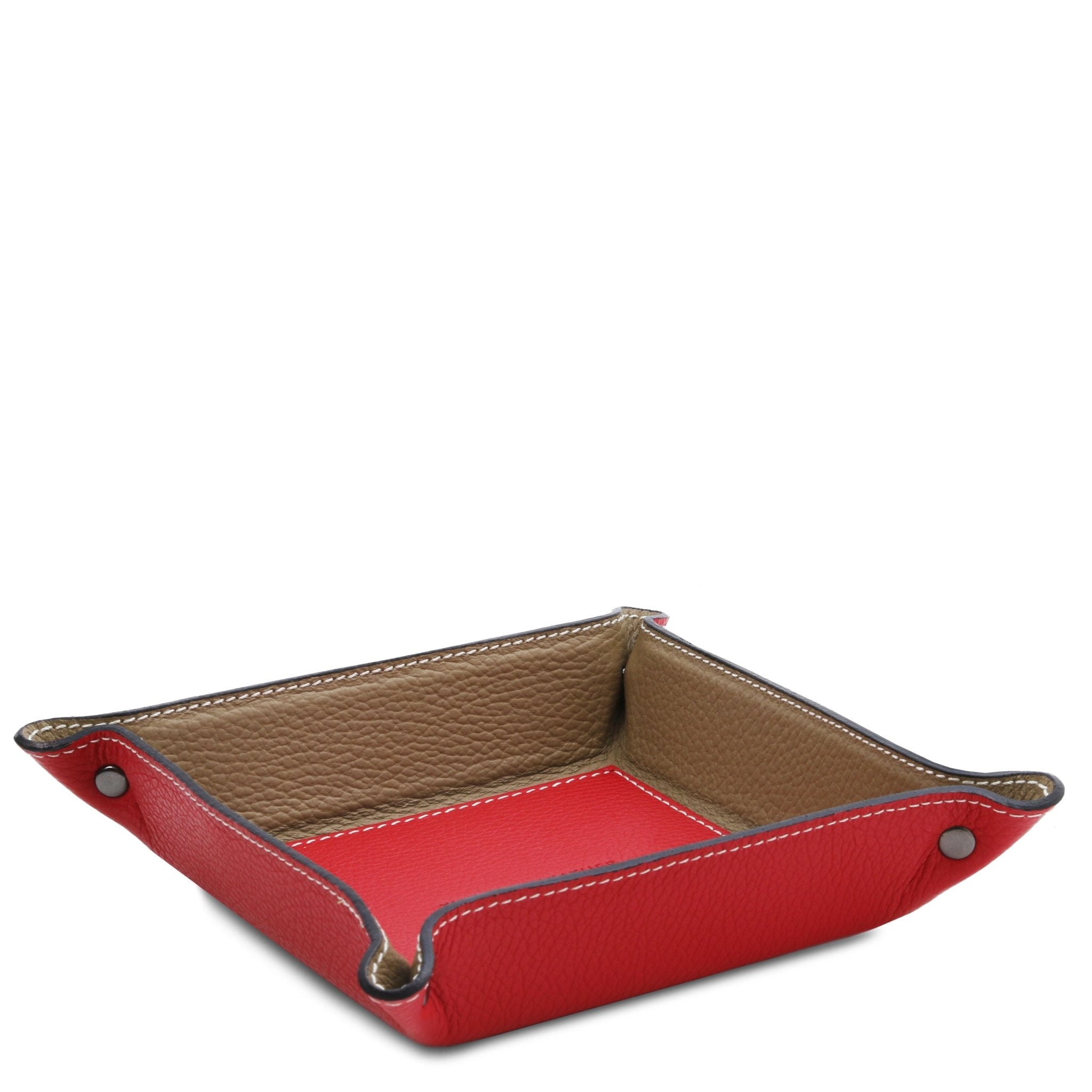 Exclusive Leather Valet Tray in red on a white background. A red exterior and interior bottom with dark taupe interior sides.