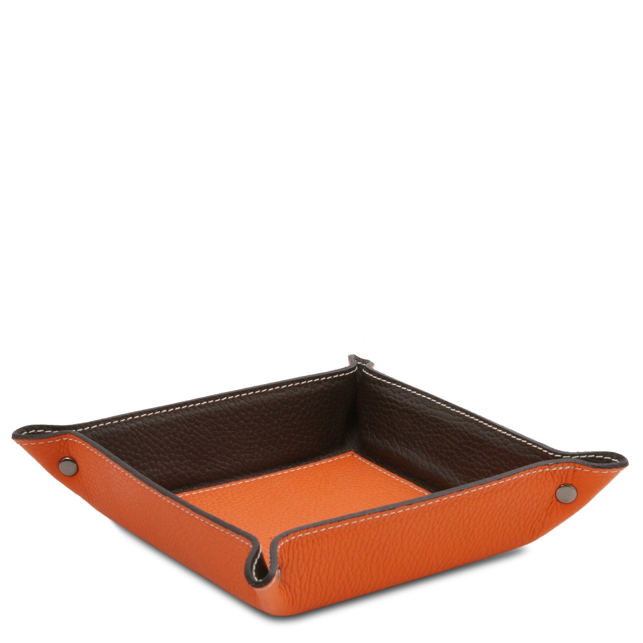 Exclusive Leather Valet Tray in orange on a white background, featuring an orange interior bottom and brown interior sides.