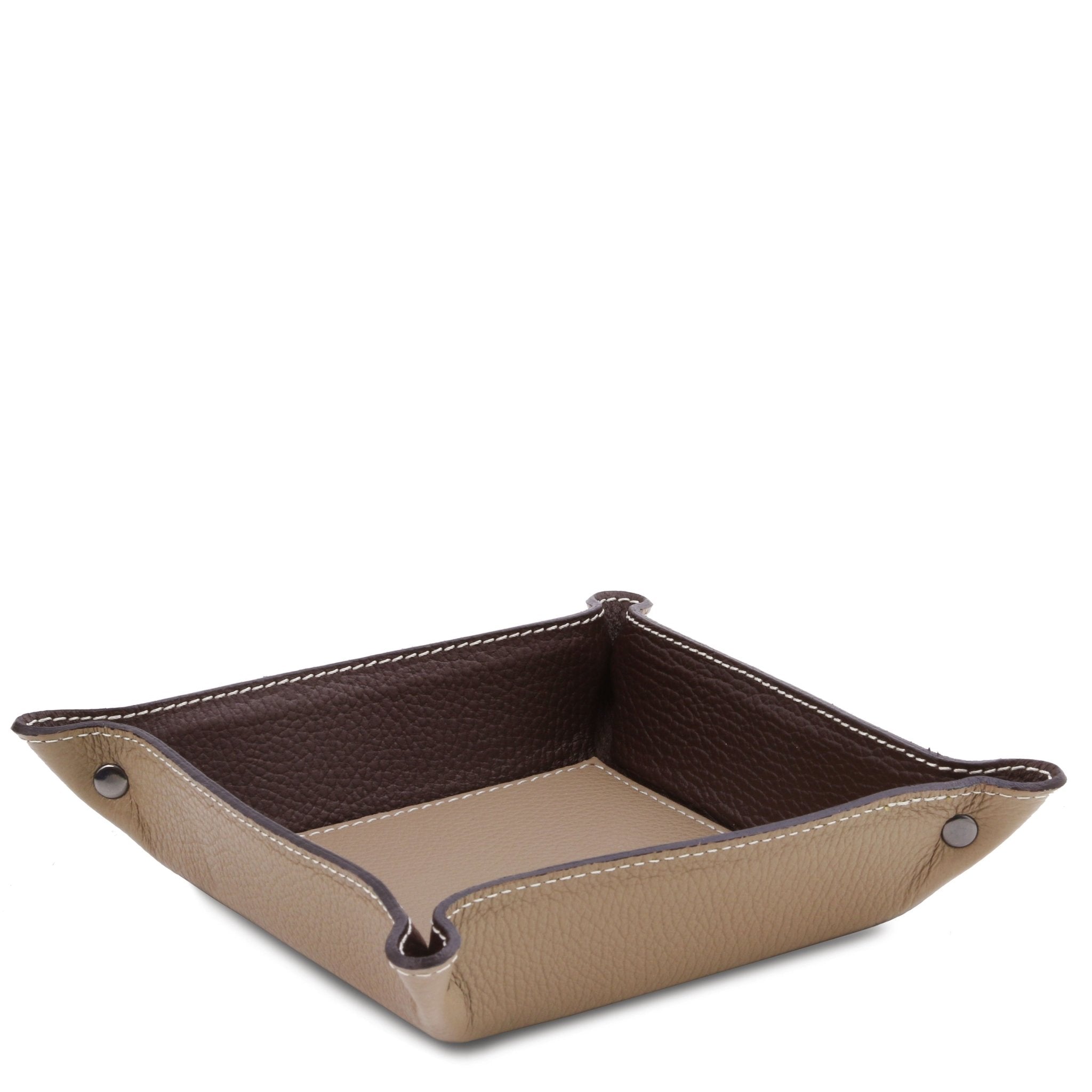 Exclusive Leather Valet Tray in light taupe on a white background. A light taupe exterior and interior bottom with brown interior sides.