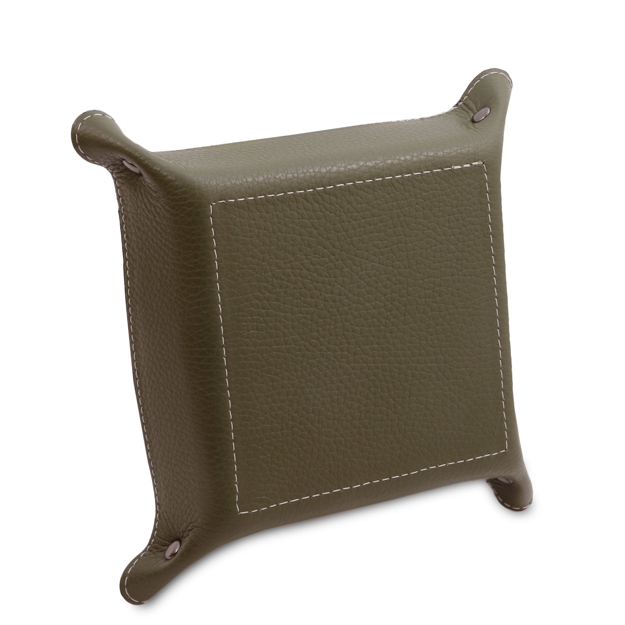 Exclusive Leather Valet Tray in olive on a white background, featuring an olive bottom and exterior sides