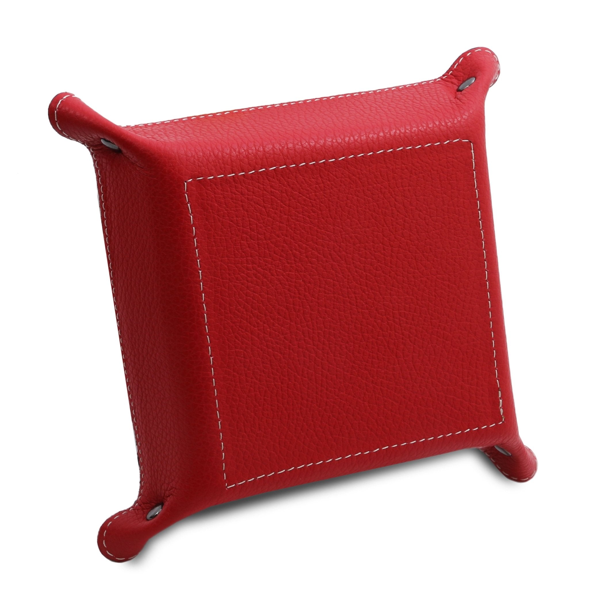 Exclusive Leather Valet Tray in red on a white background, featuring an red bottom and exterior sides