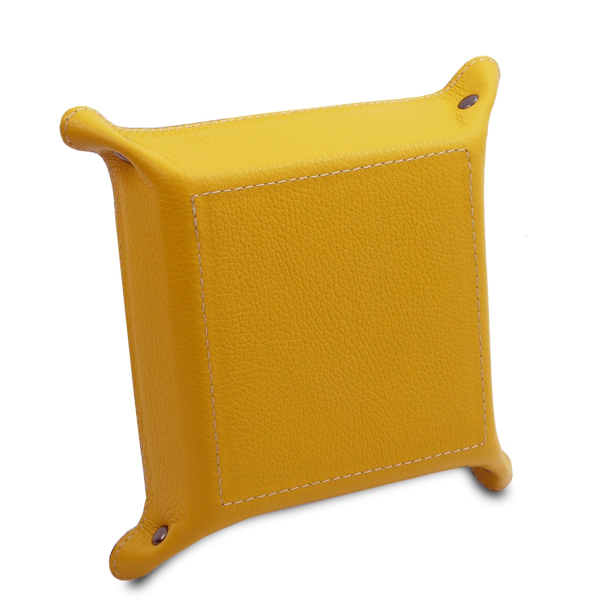 Exclusive Leather Valet Tray in yellow on a white background, featuring a yellow bottom and exterior sides