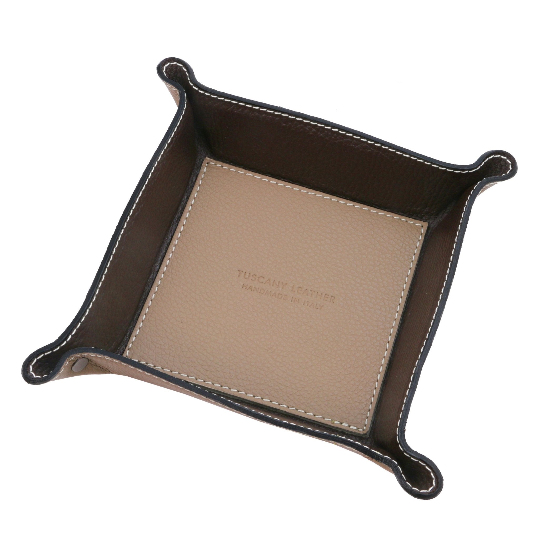Exclusive Leather Valet Tray in light taupe on a white background, featuring a light taupe interior bottom with the Tuscany Leather embossed logo and brown interior sides.