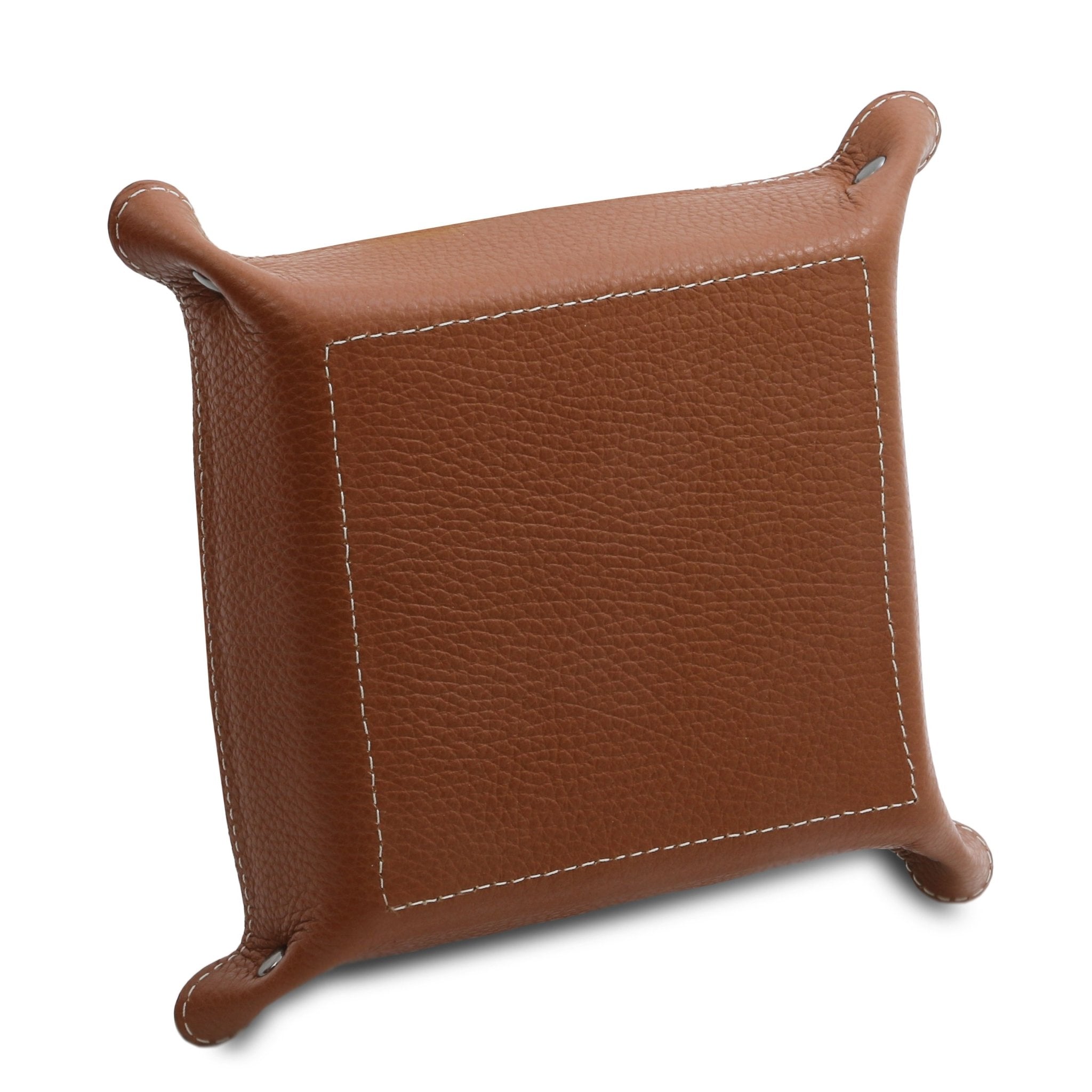 Exclusive Leather Valet Tray in cognac on a white background, featuring a cognac bottom and exterior sides