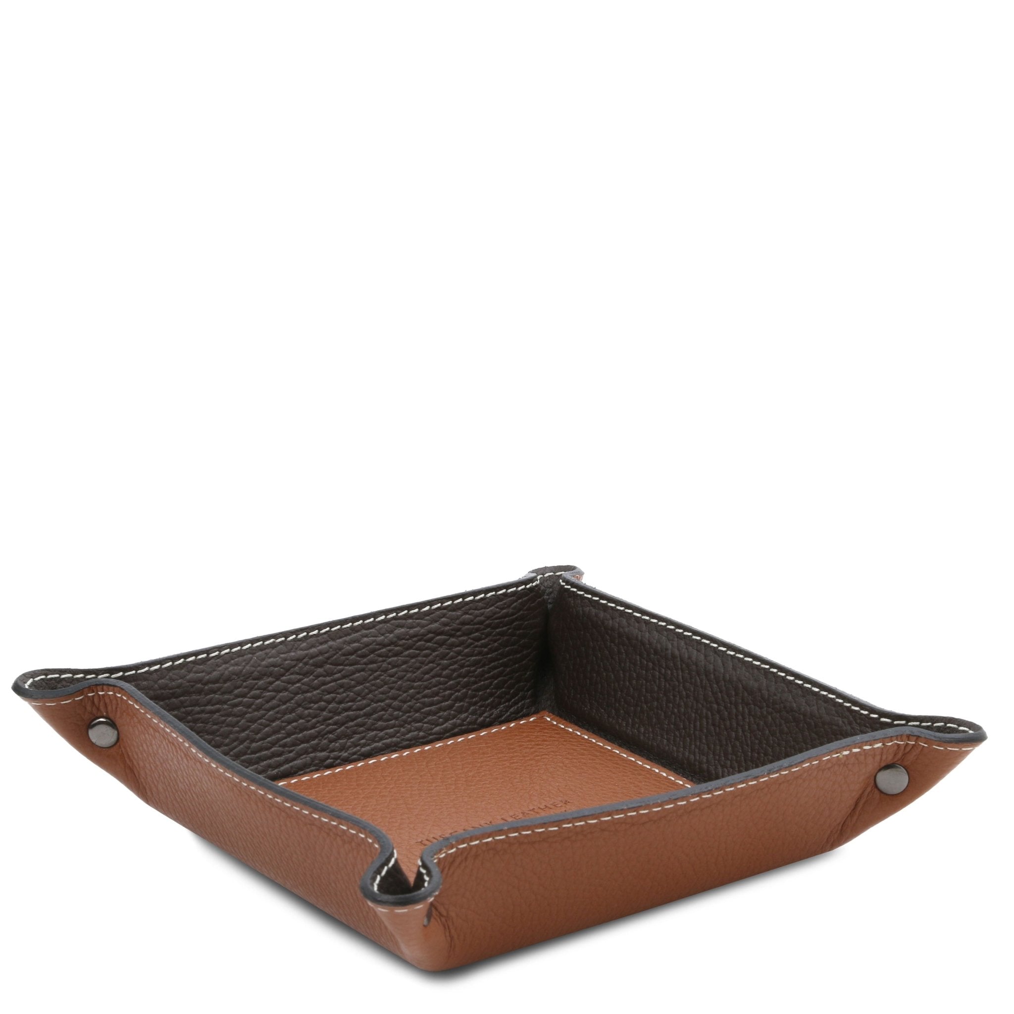 Exclusive Leather Valet Tray in cognac on a white background, featuring a cognac interior bottom and dark brown interior sides.