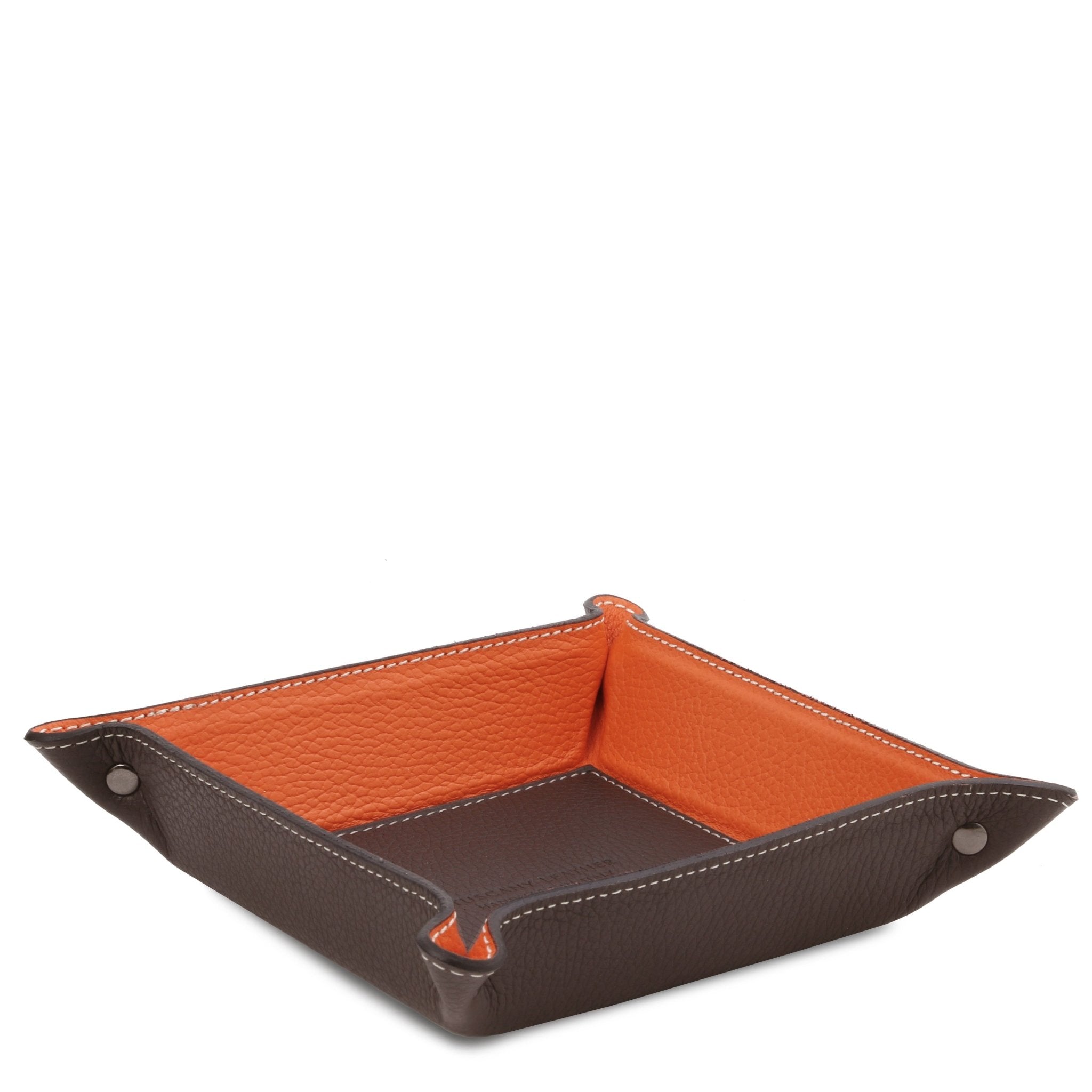Exclusive Leather Valet Tray in dark brown on a white background. A dark brown exterior and interior bottom with orange interior sides.