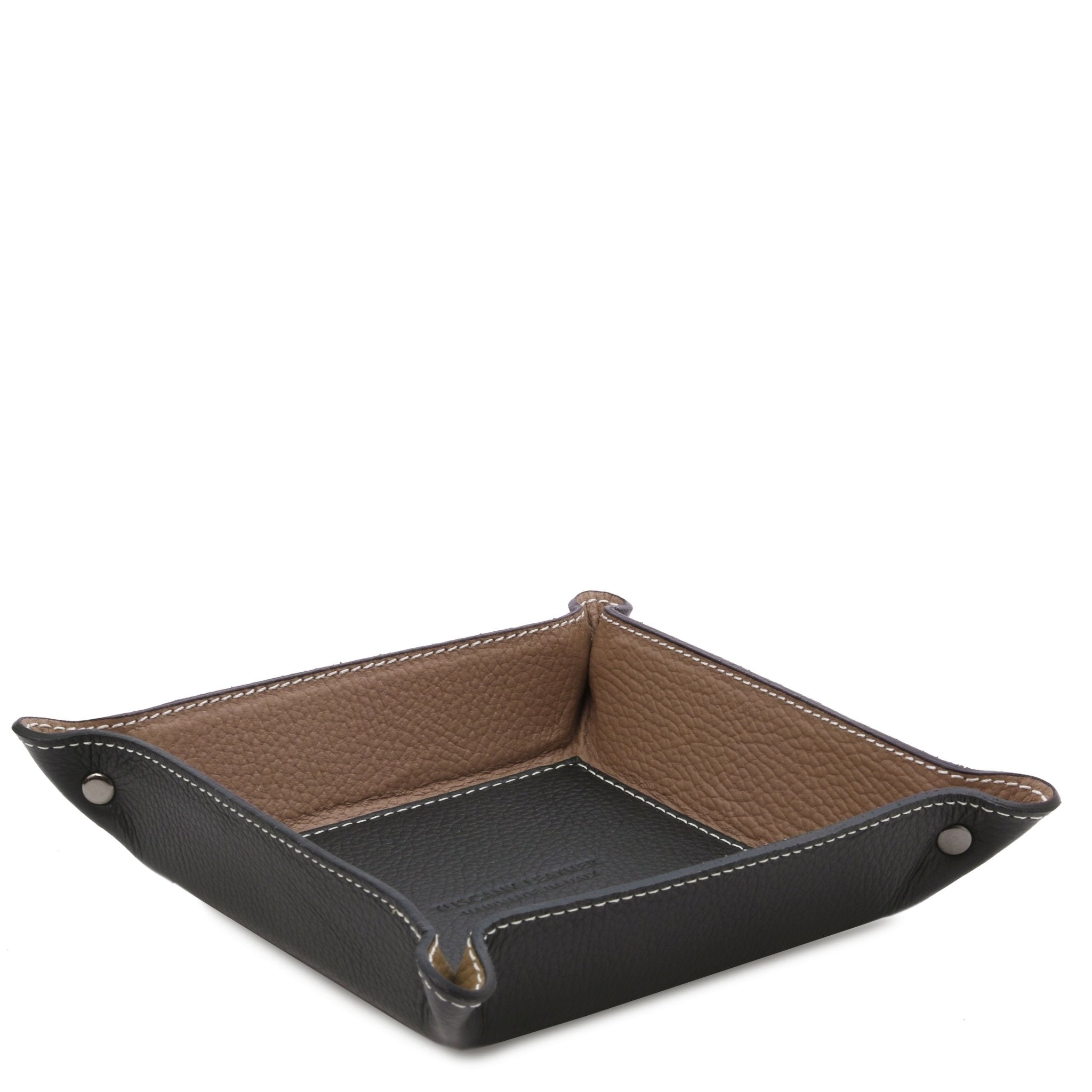 Exclusive Leather Valet Tray in black with black exterior and interior bottom with light brown interior sides.