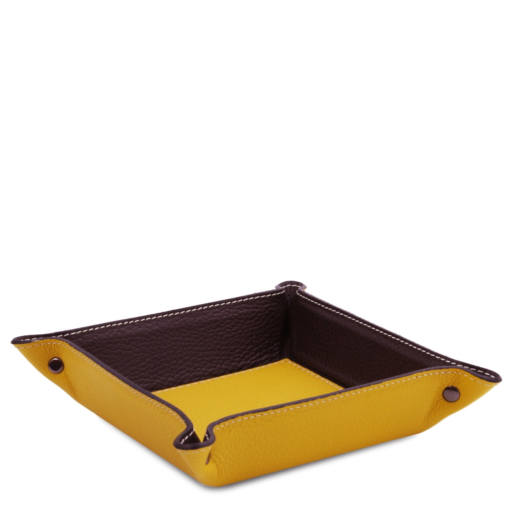 Exclusive Leather Valet Tray in yellow on a white background. A yellow exterior and interior bottom with dark brown interior sides.