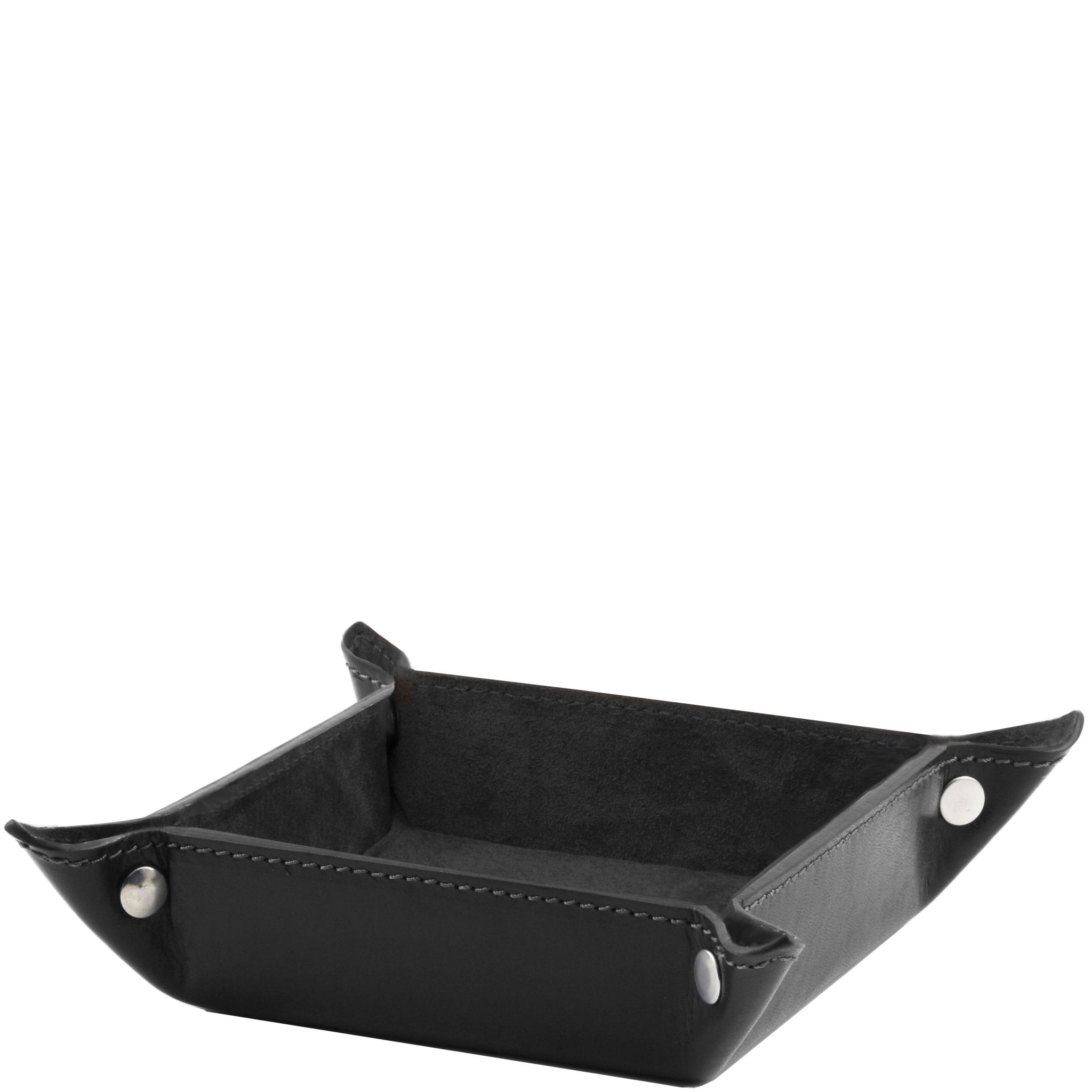 Interior view Exclusive Leather Valet Tray Large in Black showing black suede lining and silver tone hardware
