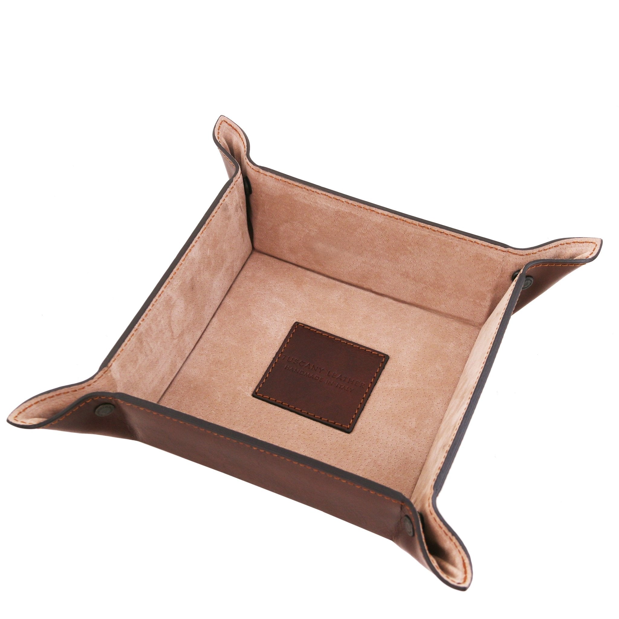 Interior view Exclusive Leather Valet Tray Large in Brown showing natural suede lining and central stitched Tuscany Leather branded brown square logo