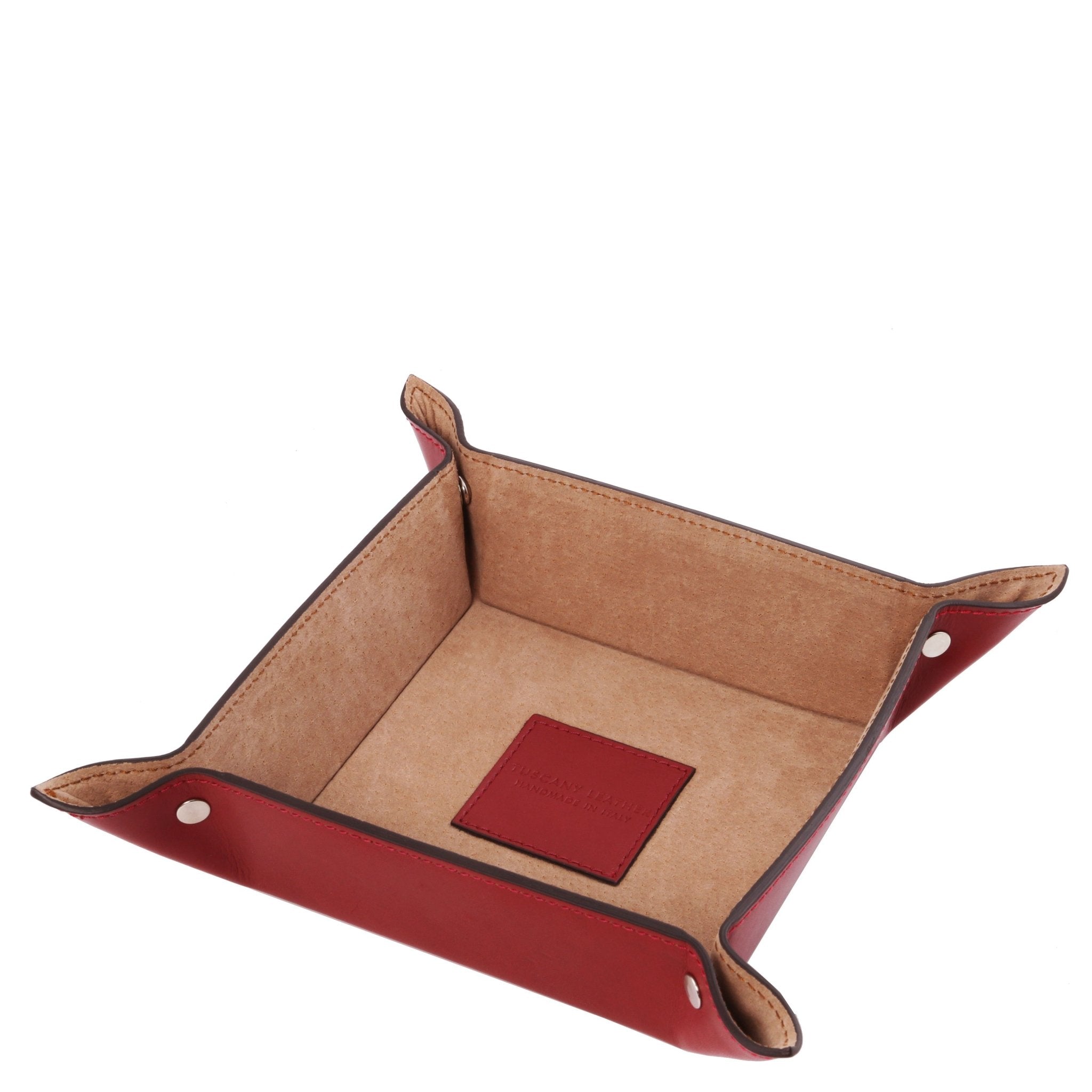 Interior view Exclusive Leather Valet Tray Large in Red showing natural suede lining, silver tone hardware central stitched Tuscany Leather branded red square logo