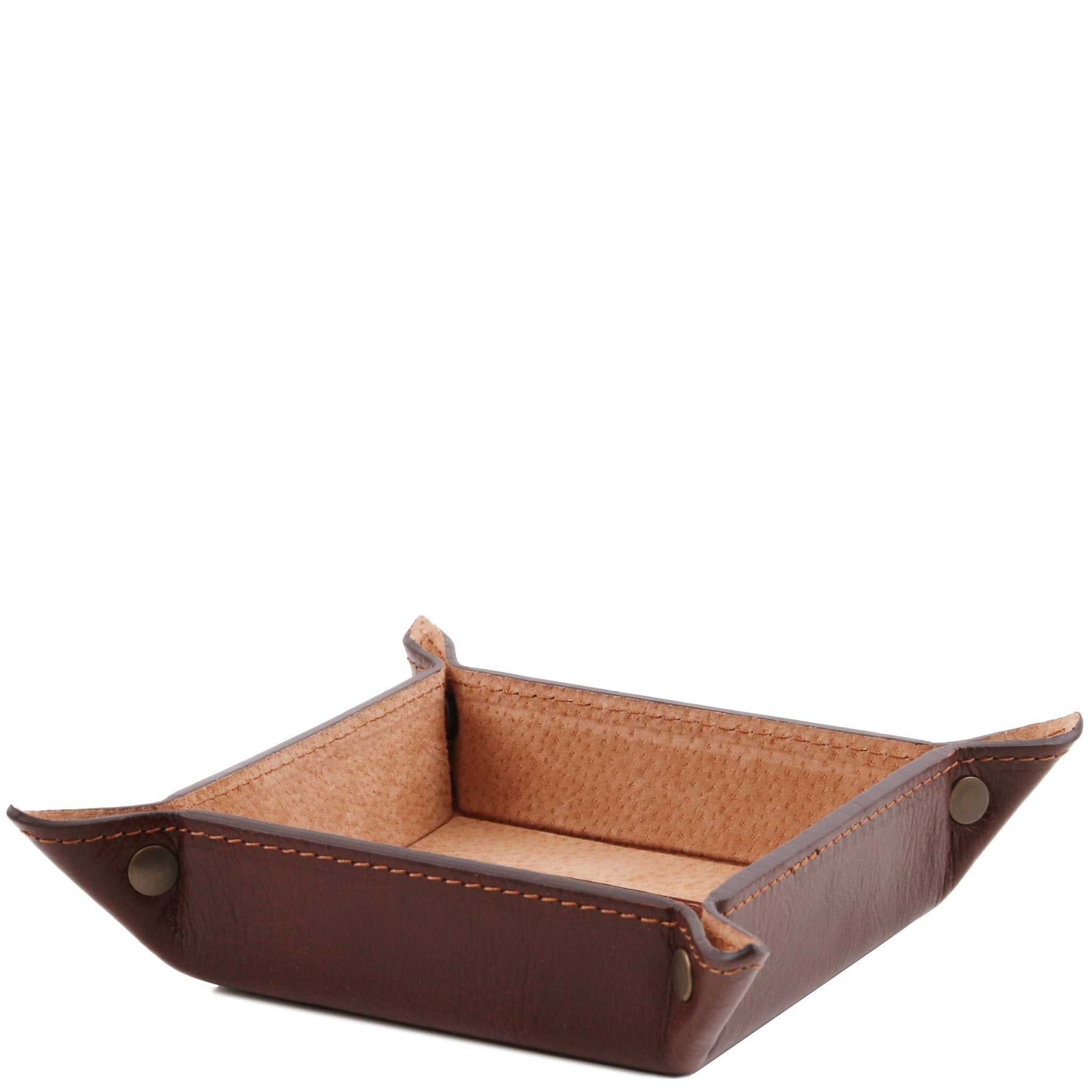 Interior view Exclusive Leather Valet Tray Large in Brown showing natural suede lining and burnished gold tone hardware