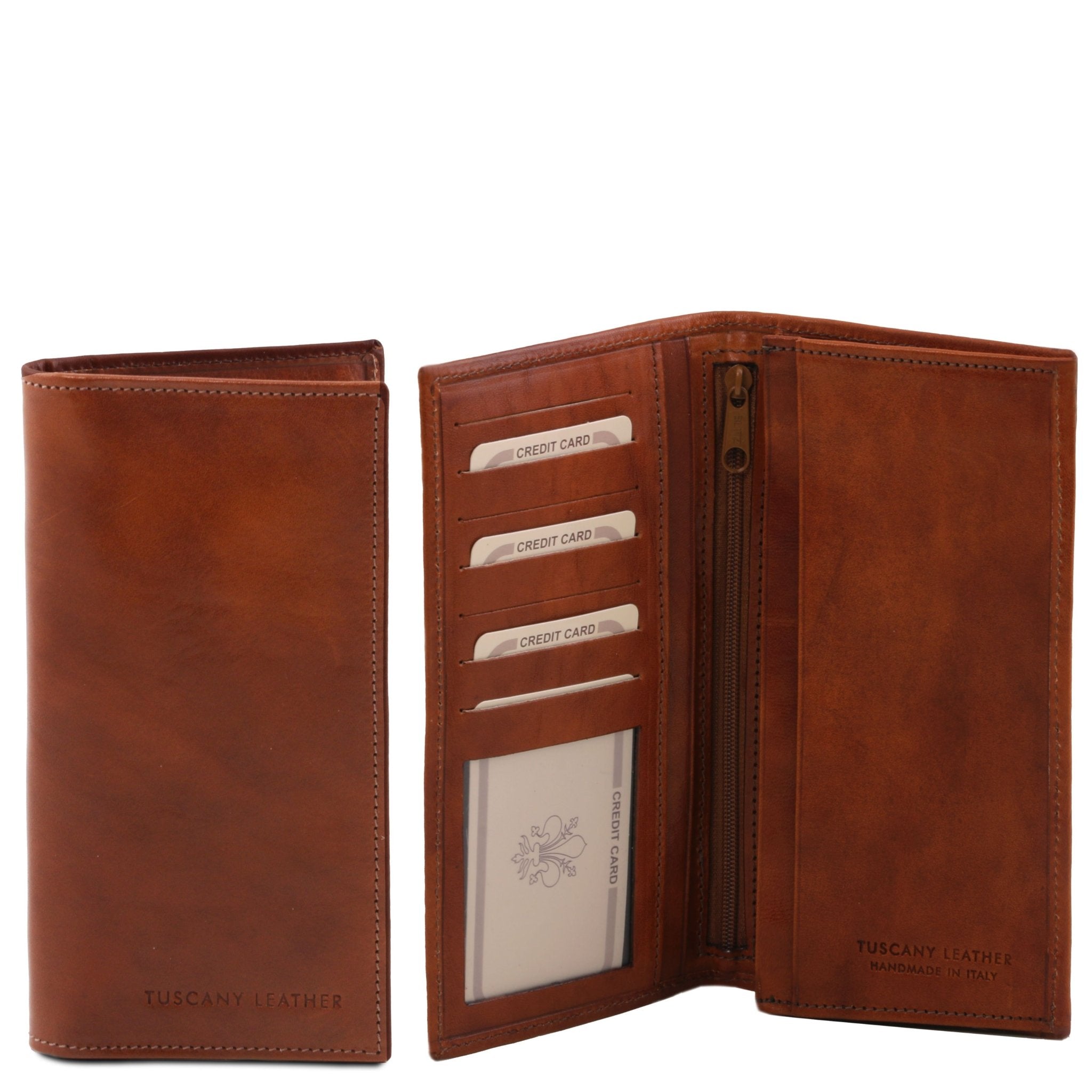 Interior and front view of the Exclusive Vertical 2 Fold Leather Wallet For Men in brown showing credit card pockets, coin pocket, open pocket and two open bill pockets