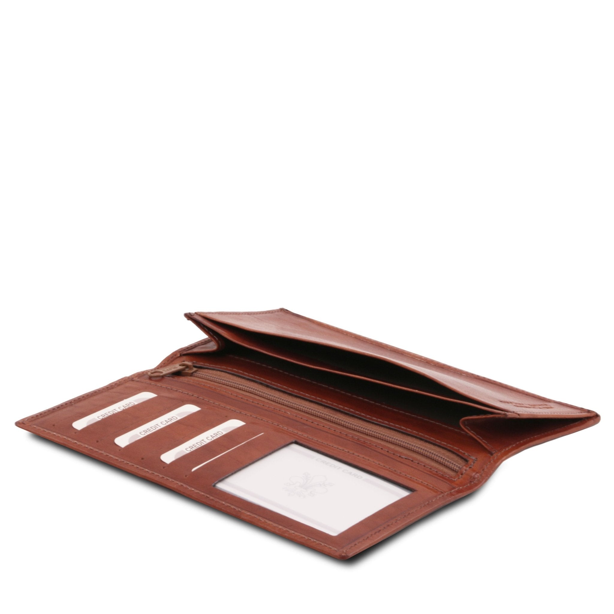Interior open view of the Exclusive Vertical 2 Fold Leather Wallet For Men in brown showing credit card pockets, coin pocket, open pocket and two open bill pockets