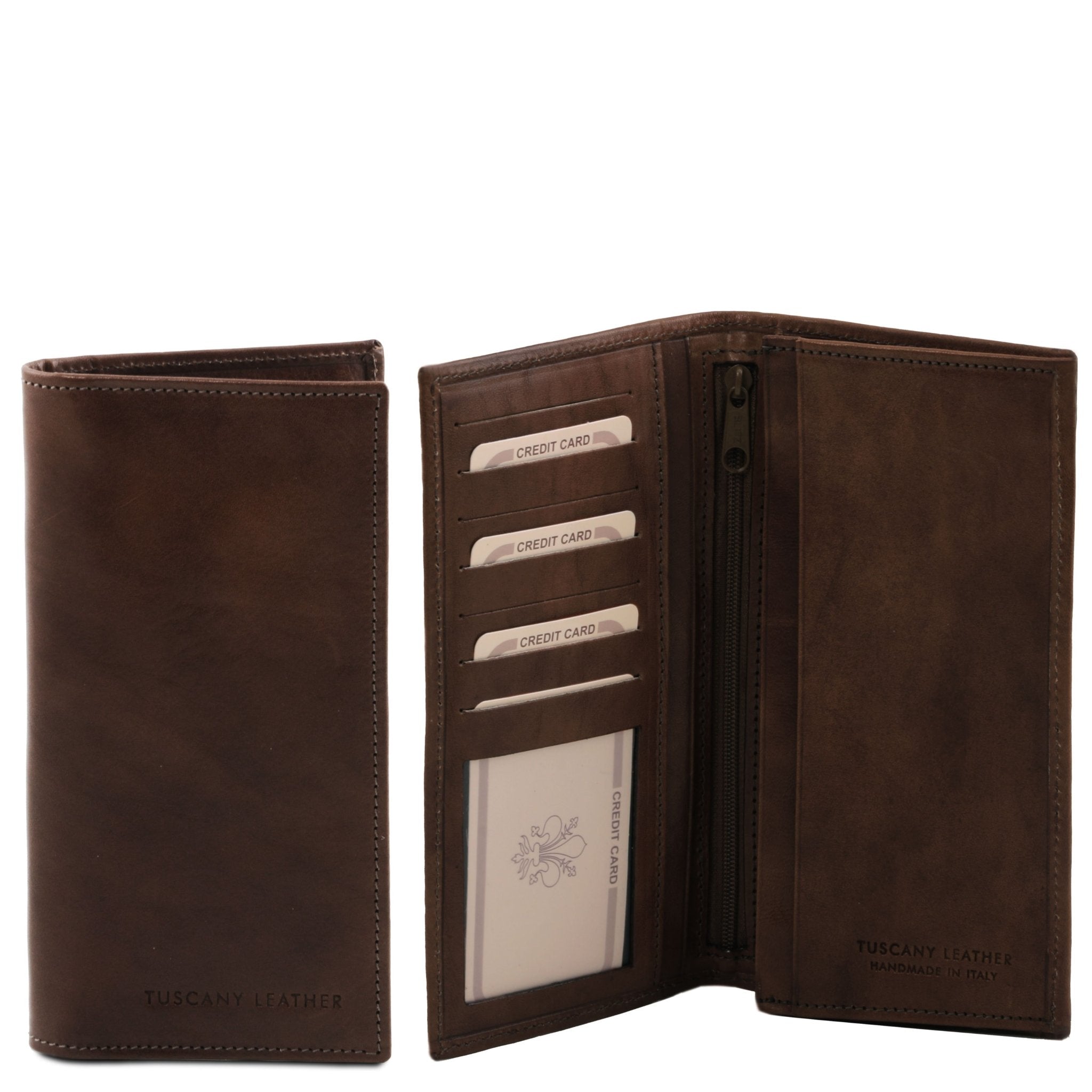 Interior and front view of the Exclusive Vertical 2 Fold Leather Wallet For Men in dark brown showing credit card pockets, coin pocket, open pocket and two open bill pockets