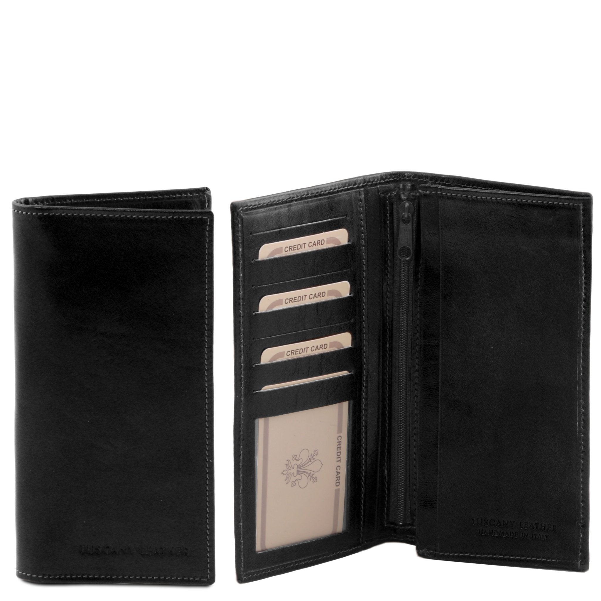 Interior and front view of the Exclusive Vertical 2 Fold Leather Wallet For Men in black showing credit card pockets, coin pocket, open pocket and two open bill pockets
