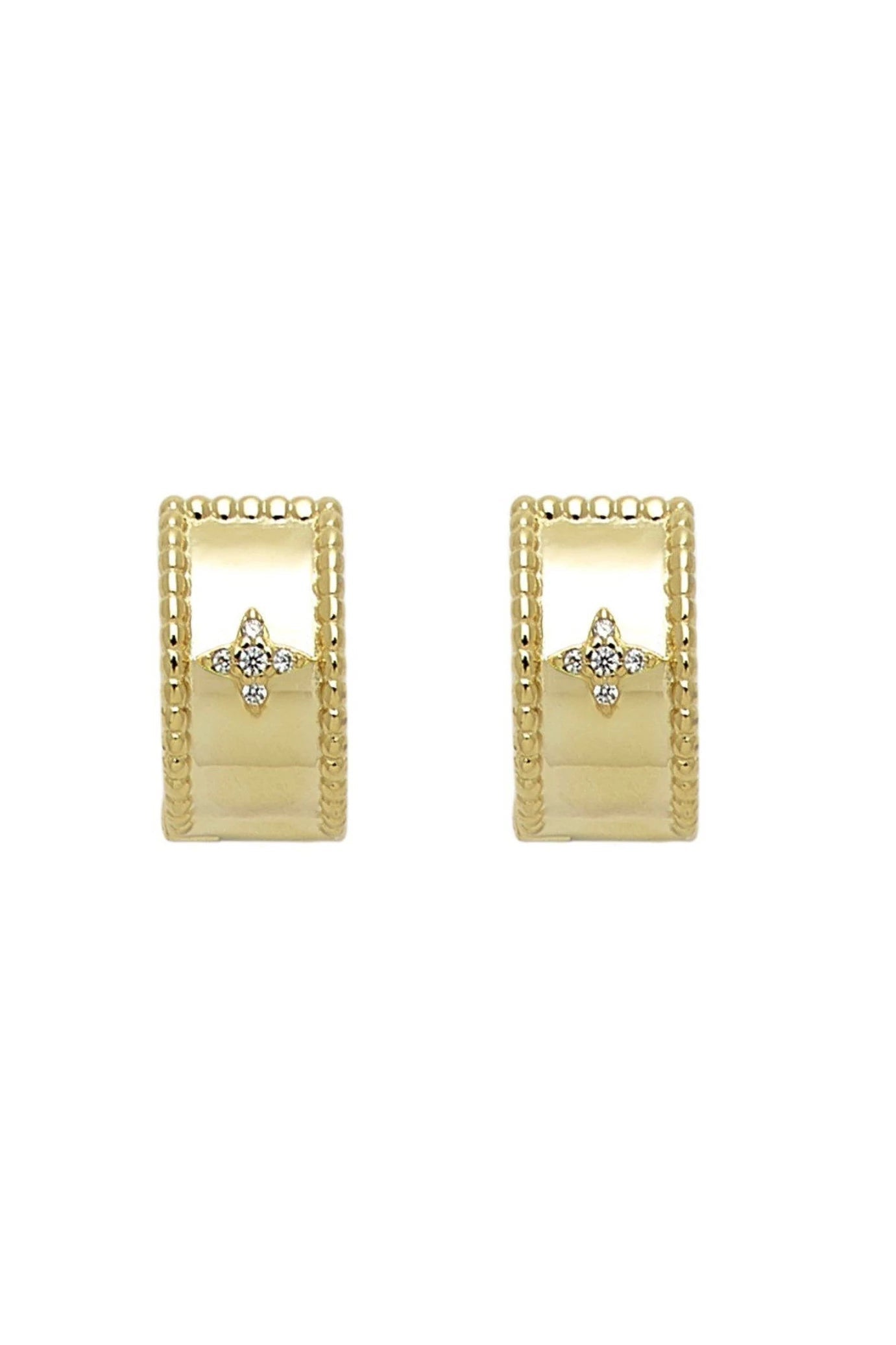 Firenze Cuff Star Earrings in gold on a white background. The vintage diamond star shape is seen in the front of the hoop.