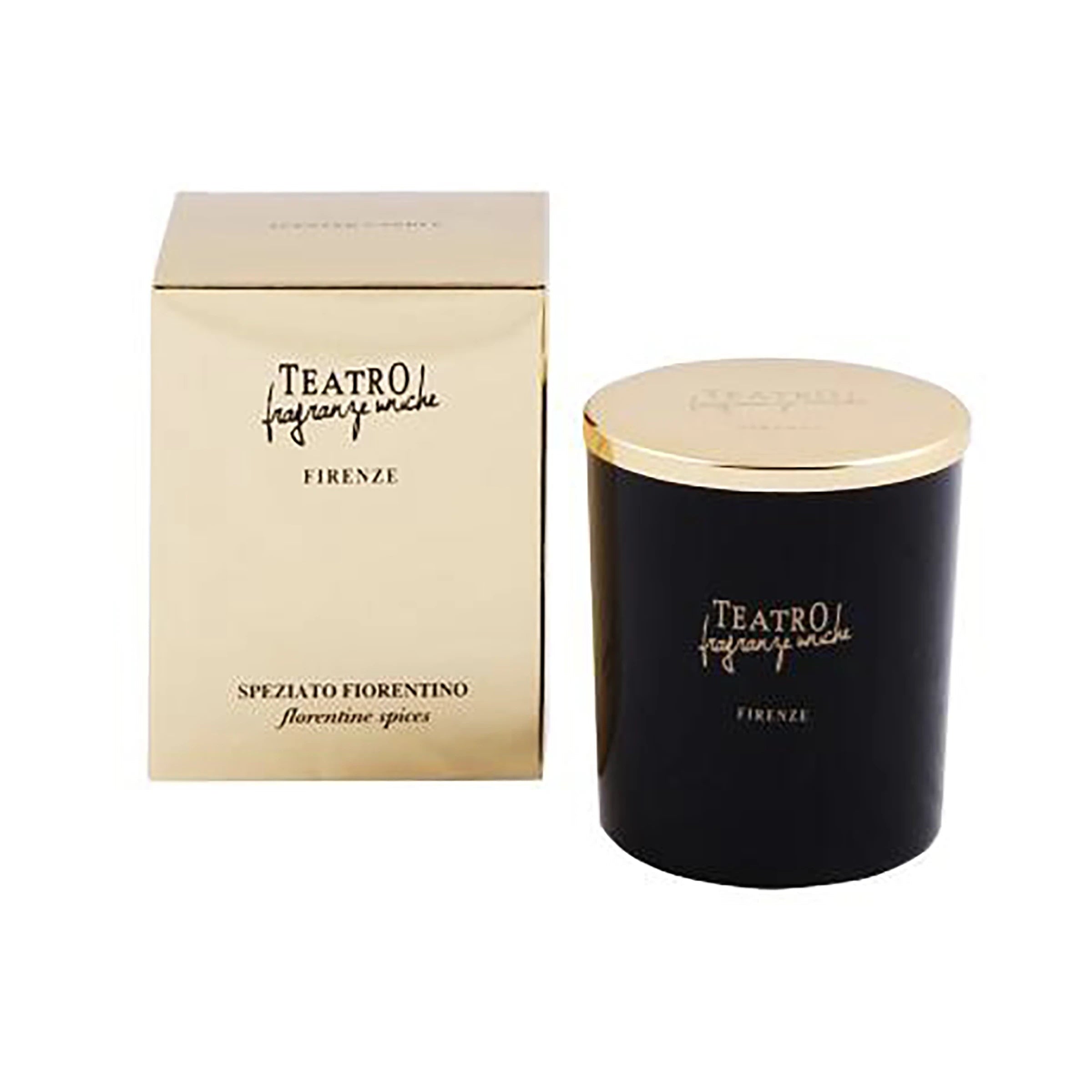 Florentine Spices Luxury Candle and box on a white background. Container is black and lid is gold  - L'Atelier Global