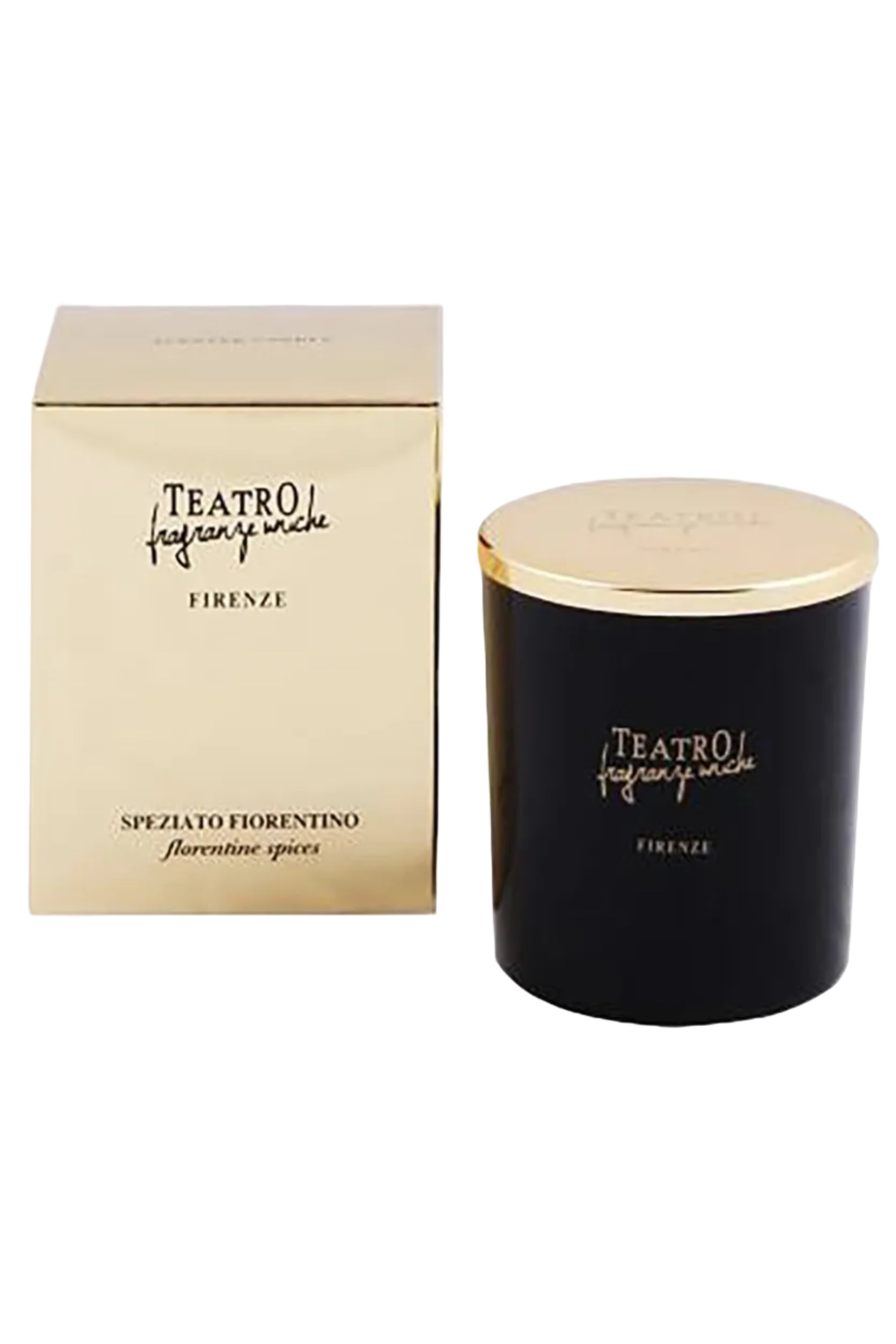 Florentine Spices Luxury Candle and box on a white background. Container is black and lid is gold