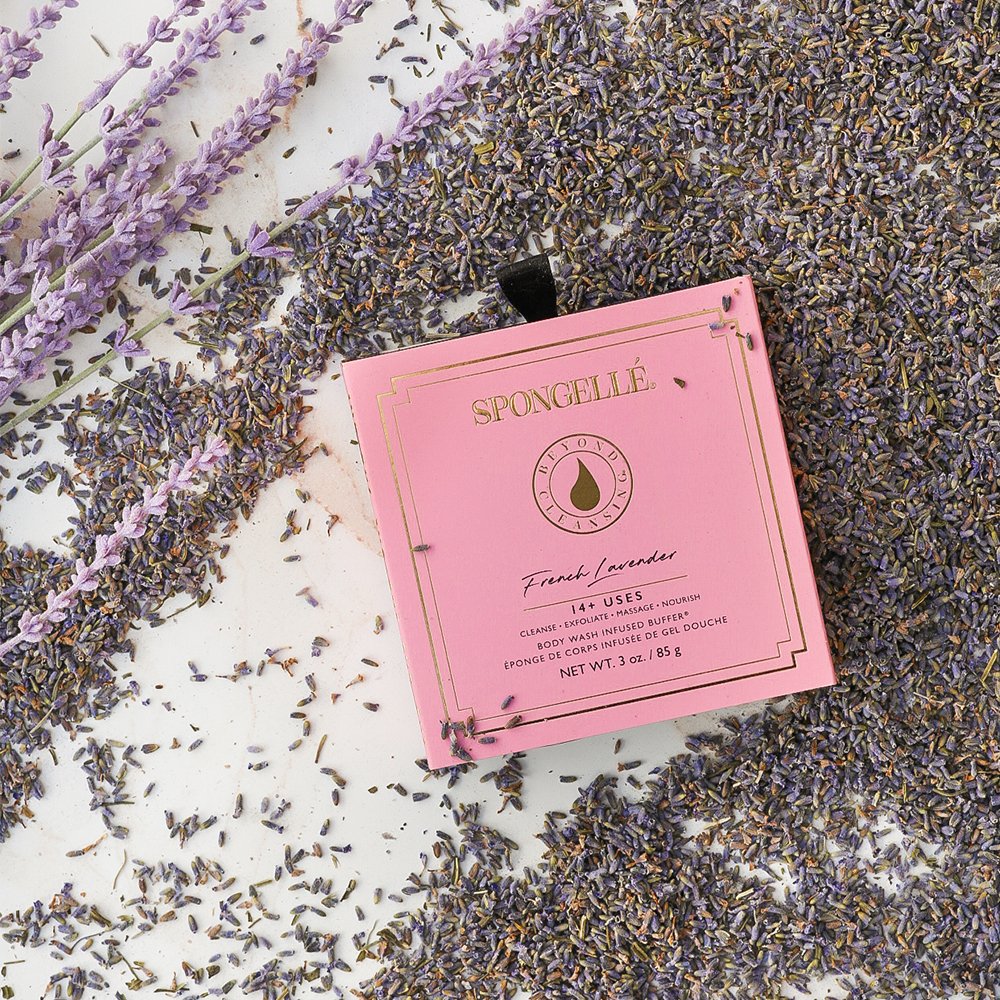French Lavender Flower Spa Body Buffer box on table with lavender seeds