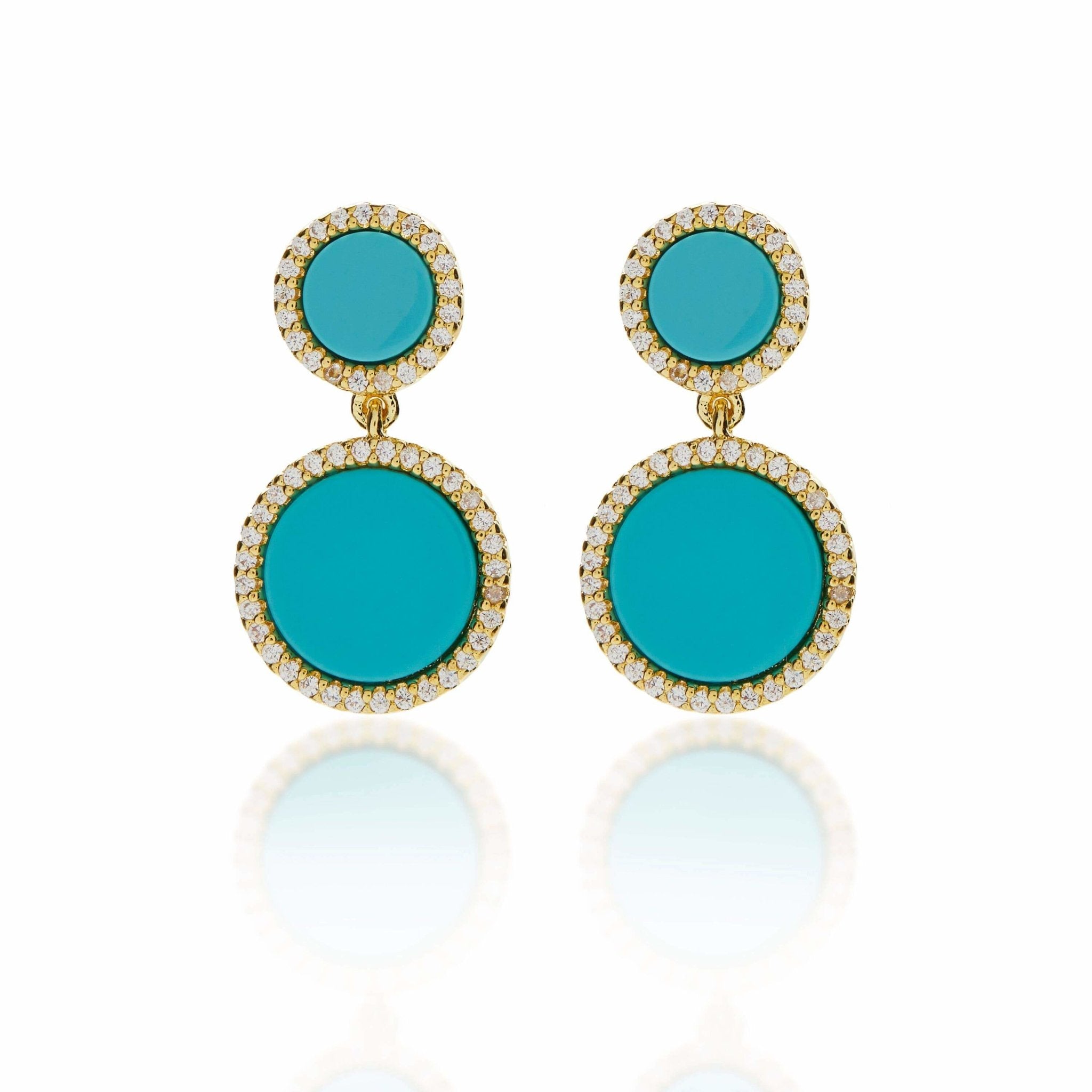 Gold and Turquoise Drop Earrings with CZ accents on a white background