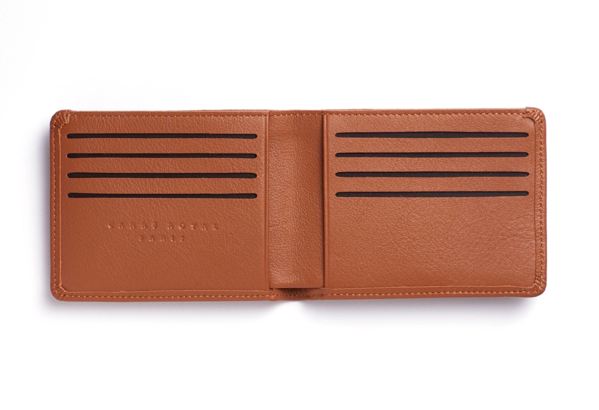 Interior pocket view of the Gold Minimalist Wallet with black elastic closure on a white background - L'Atelier Global