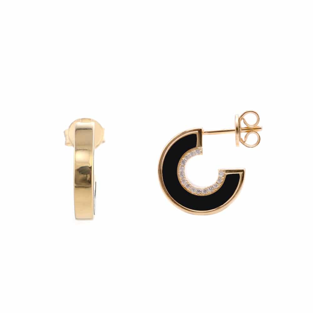 Golden Onyx White Zirconium Stud Earrings on a white background