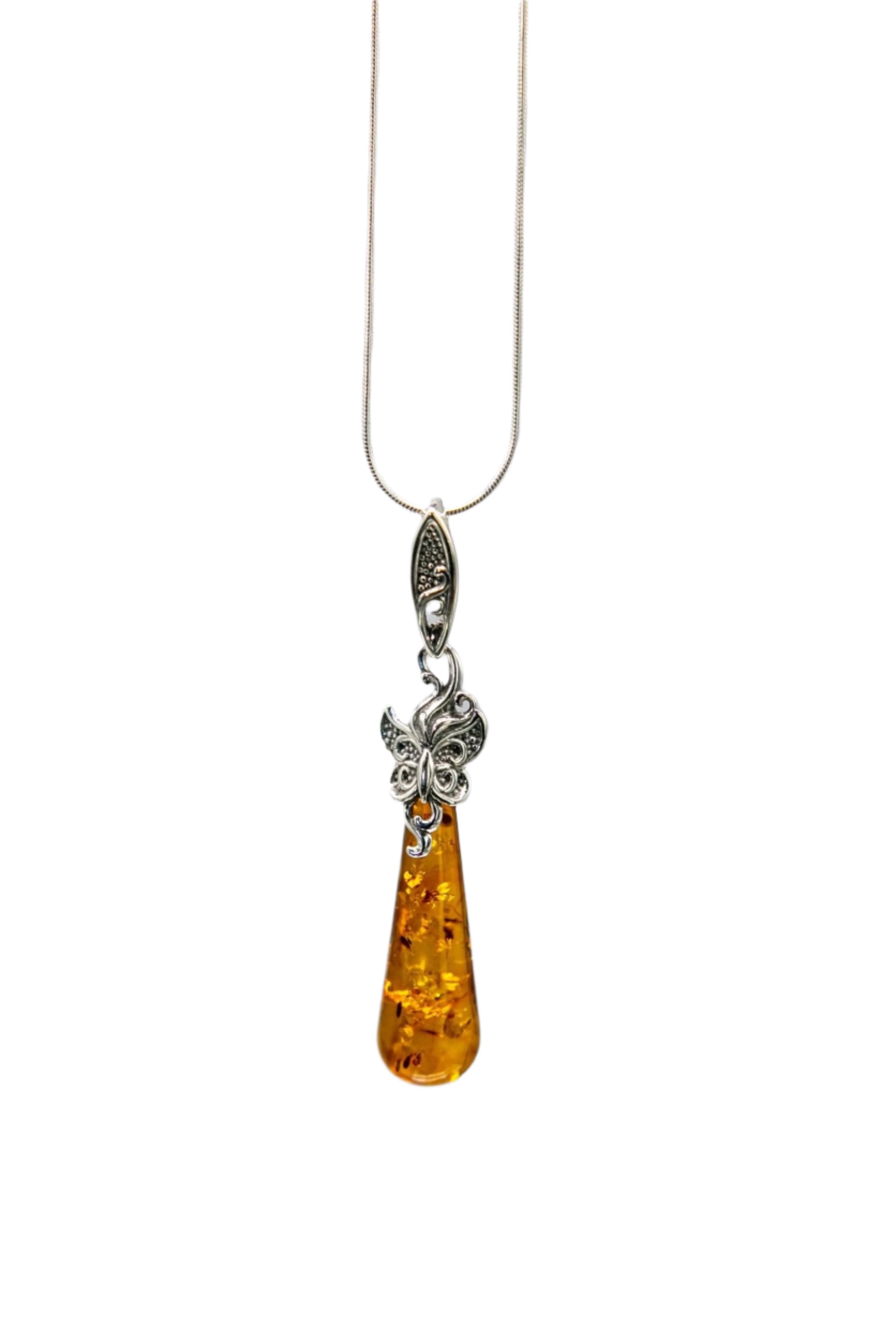Honey Amber Butterfly Tapered Pendant Necklace on a white bsckground