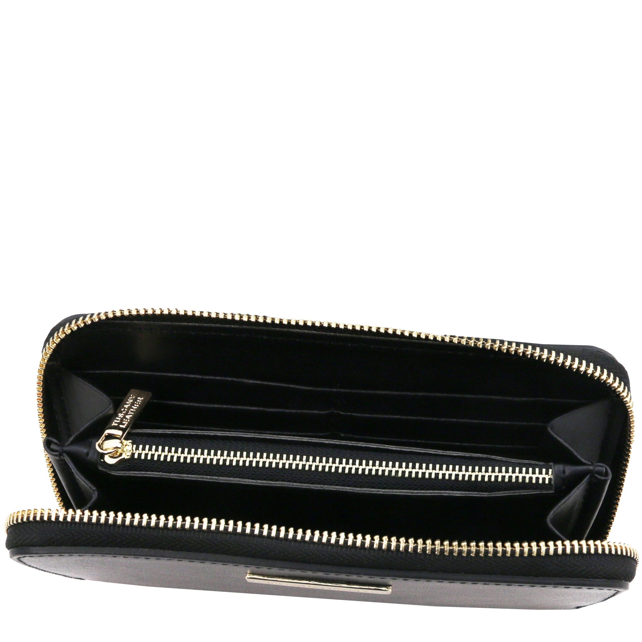Top interior view Ilizia Exclusive three side Zip Around Leather Wallet in black showing coin zip pocket, card slots and currency open compartment and black interior