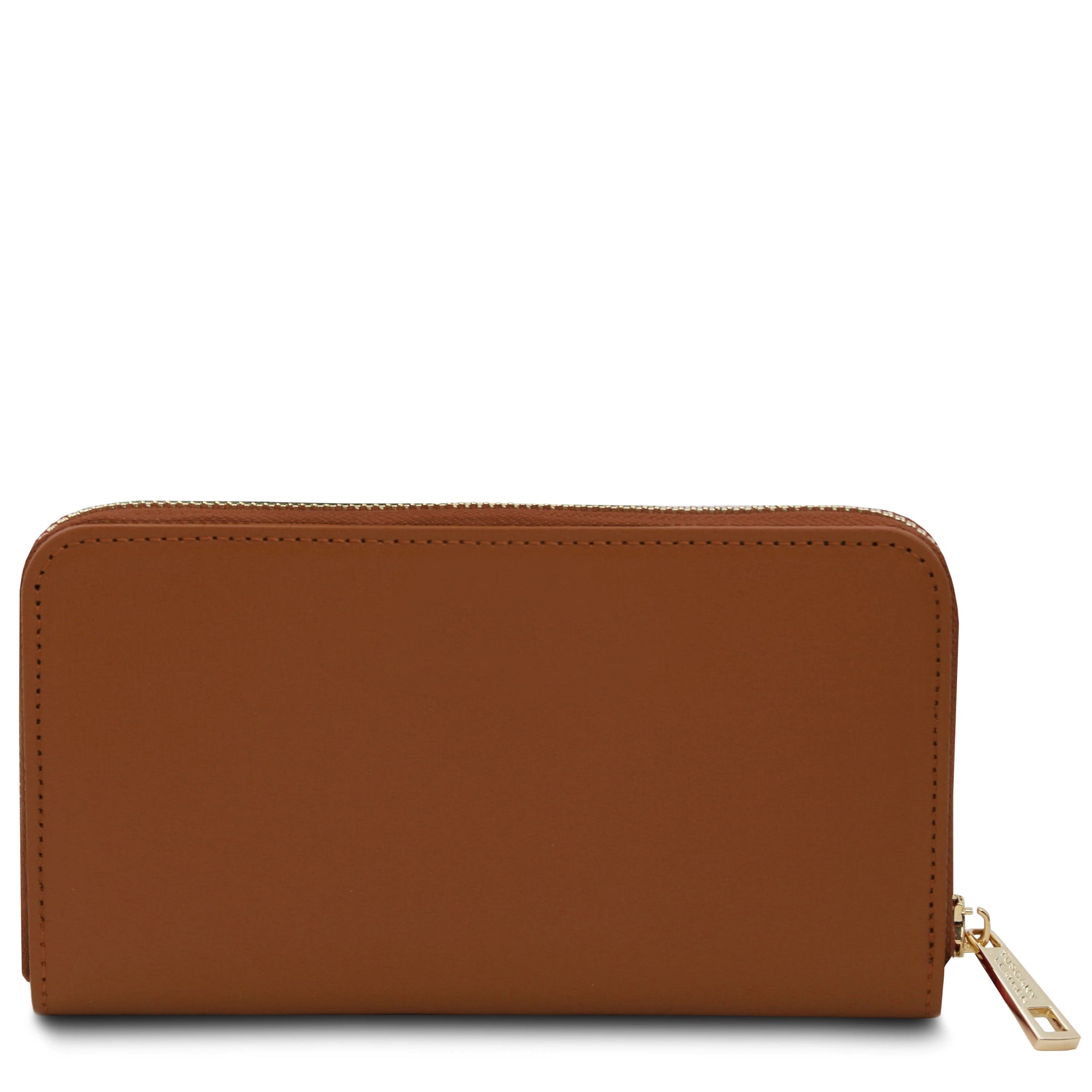 Back view Ilizia Exclusive three side Zip Around Leather Wallet in cognac on white background