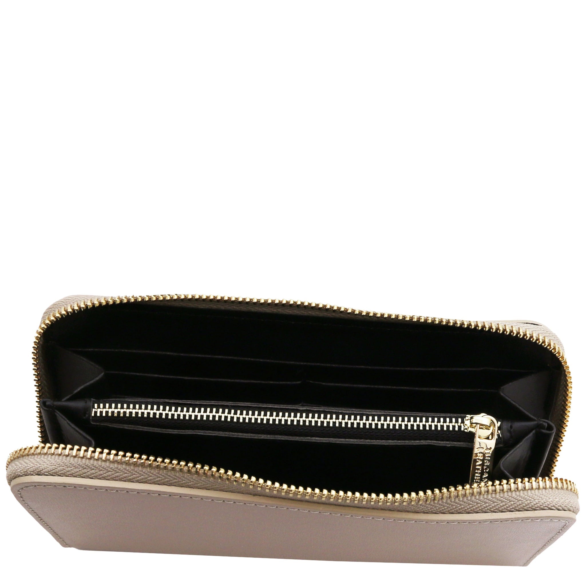 Top interior view Ilizia Exclusive three side Zip Around Leather Wallet in light taupe showing coin zip pocket and card slots