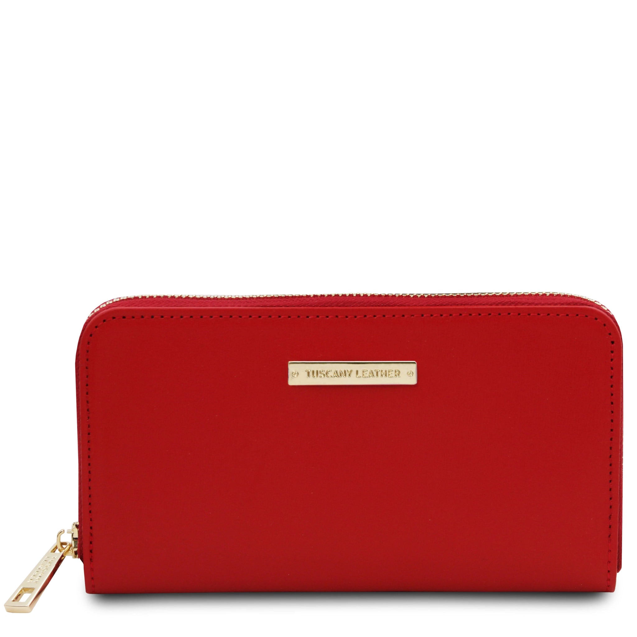 Front view Ilizia Exclusive three side Zip Around Leather Wallet in red on white background