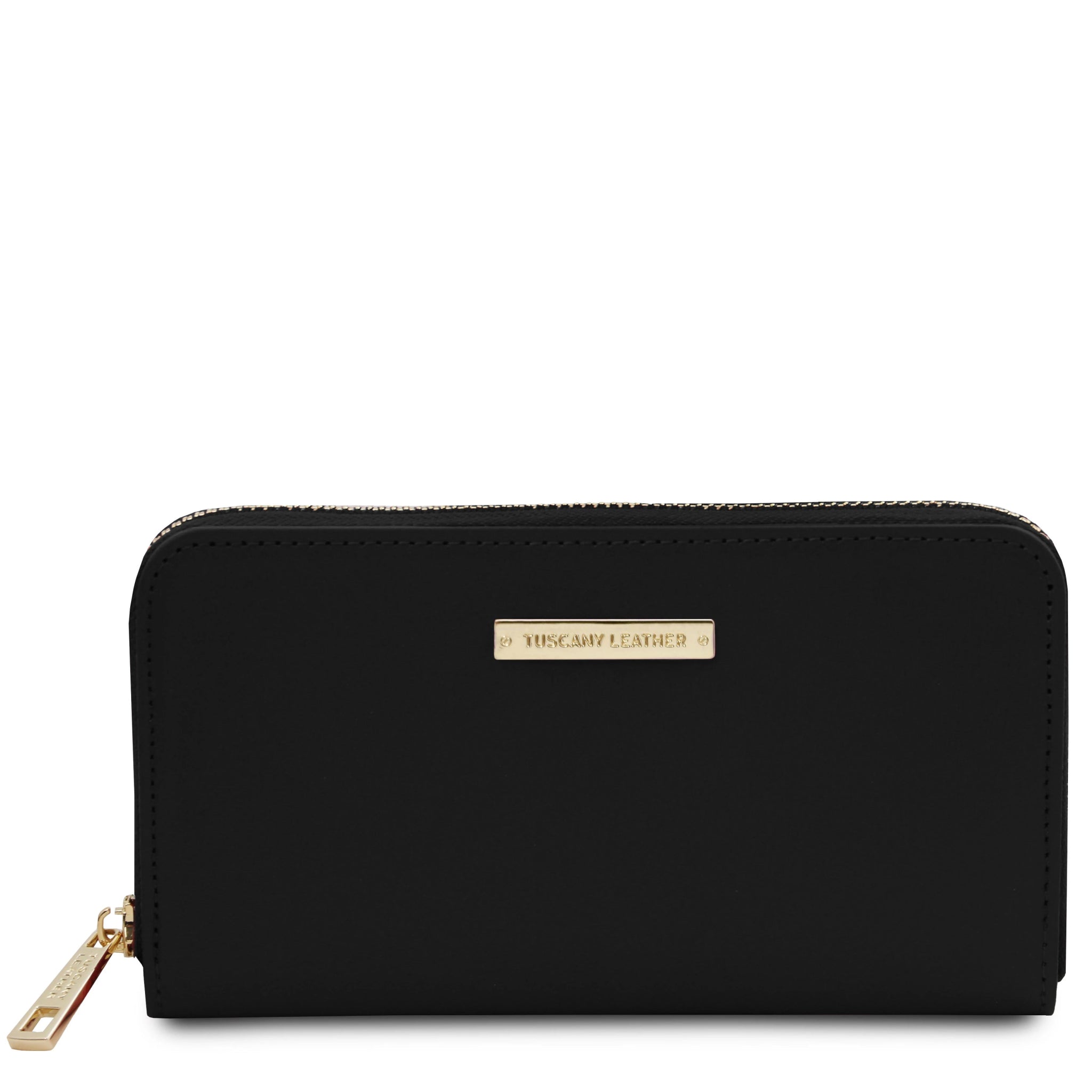 Front view Ilizia Exclusive three side Zip Around Leather Wallet in black on white background