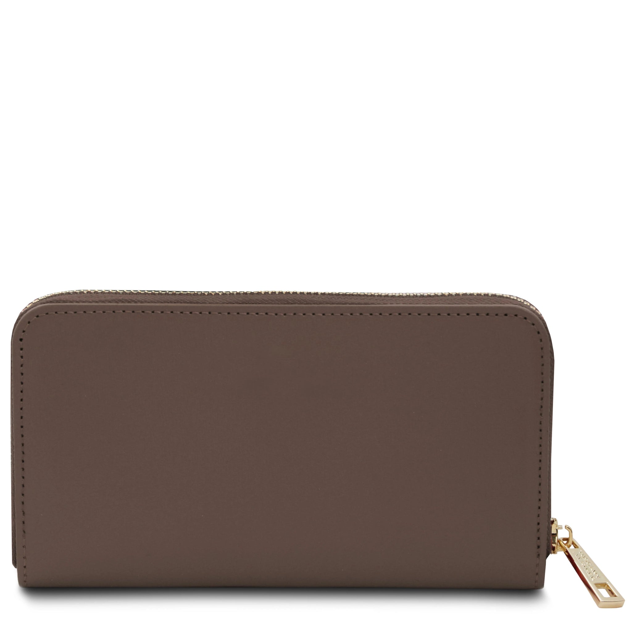 Back view Ilizia Exclusive three side Zip Around Leather Wallet in dark taupe on white background