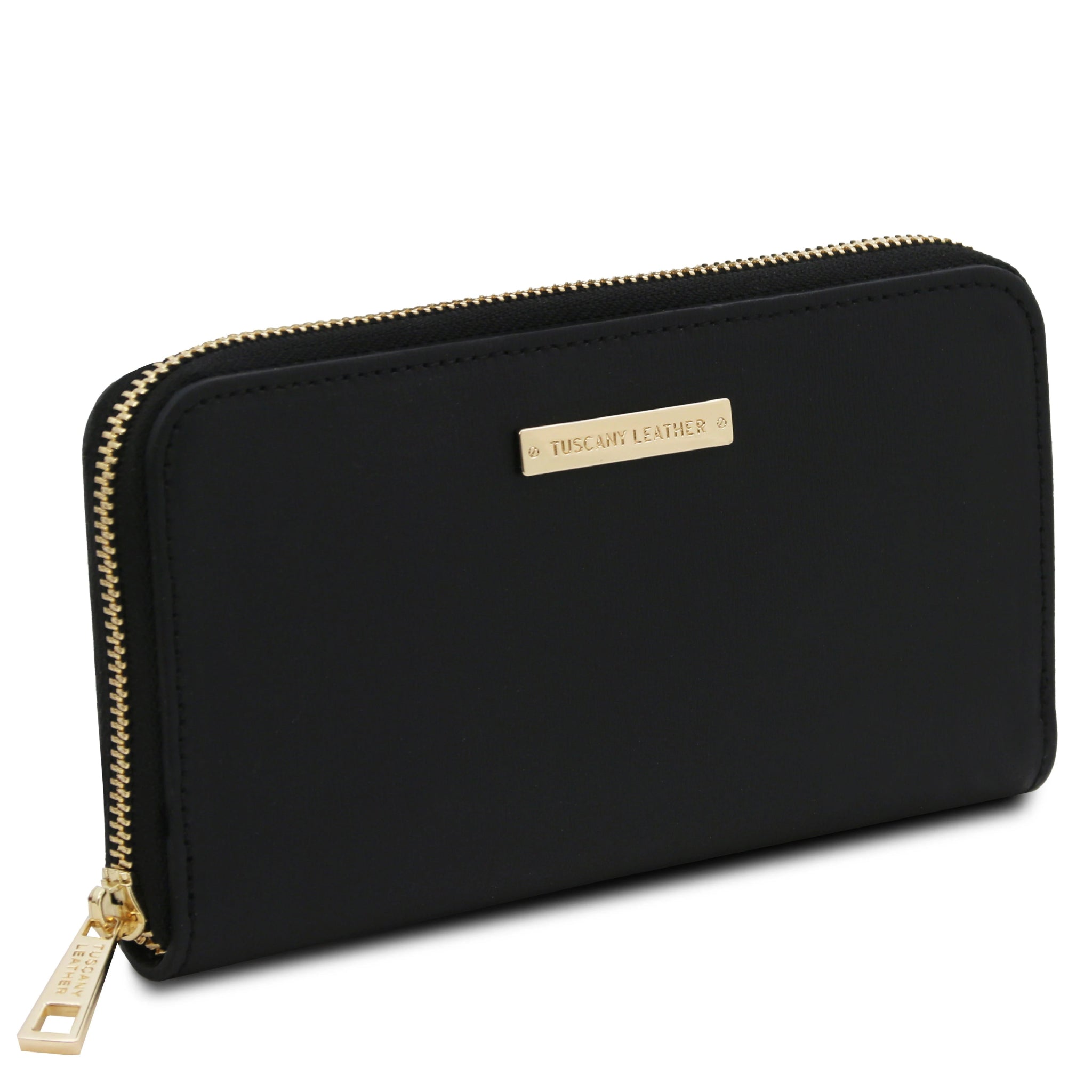 Front side view Ilizia Exclusive three side Zip Around Leather Wallet in black on white background