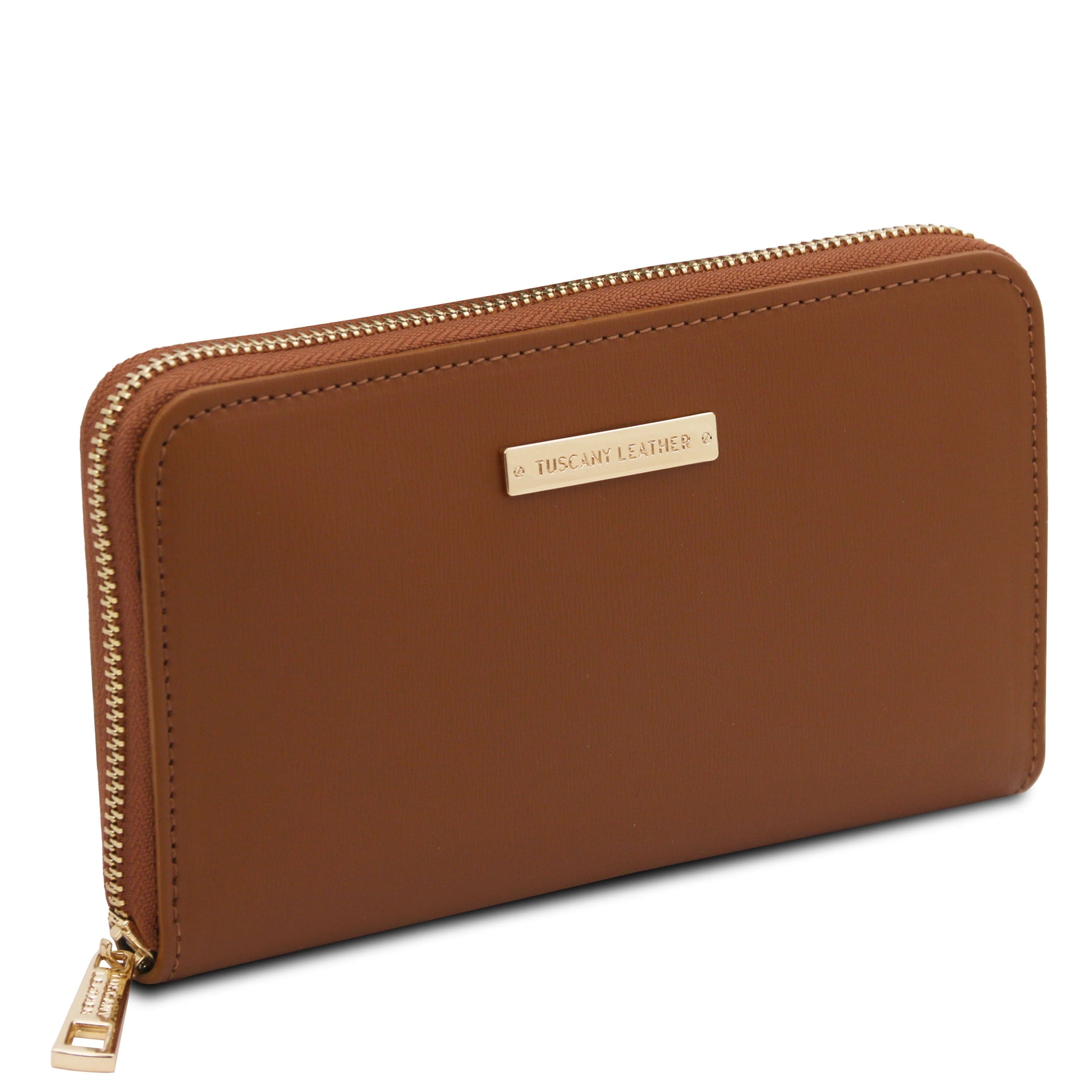 Front side view Ilizia Exclusive three side Zip Around Leather Wallet in cognac on white background
