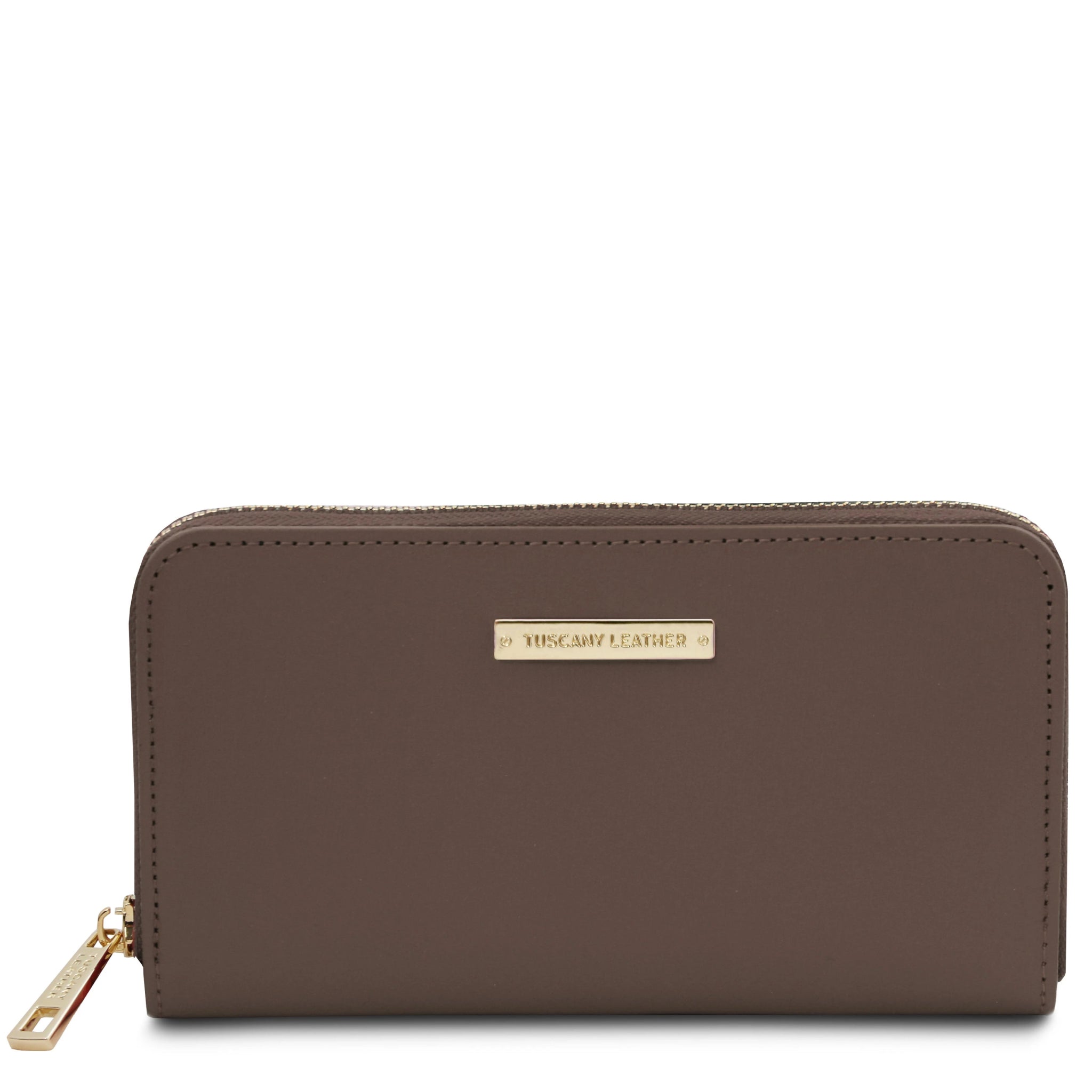 Front view Ilizia Exclusive three side Zip Around Leather Wallet in dark taupe on white background